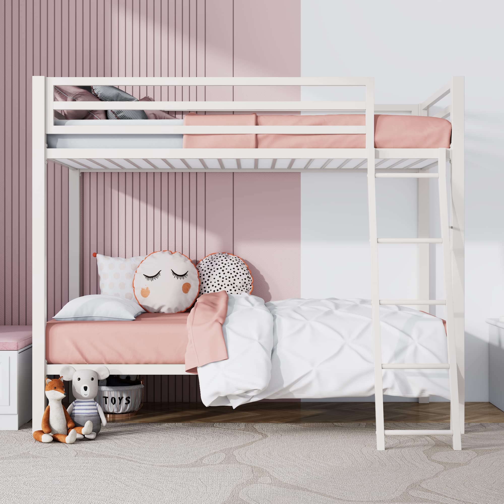 Loft Bunk Bed Twin Over Twin Size with Ladder and Guardrai