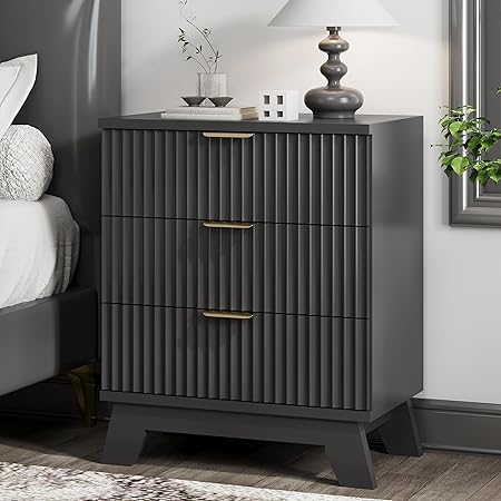 Fluted Nightstand, 24" Wide Side Table with 3 Large Storage