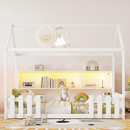 Twin Size House Bed with LED Light, Wood Montessori Floor