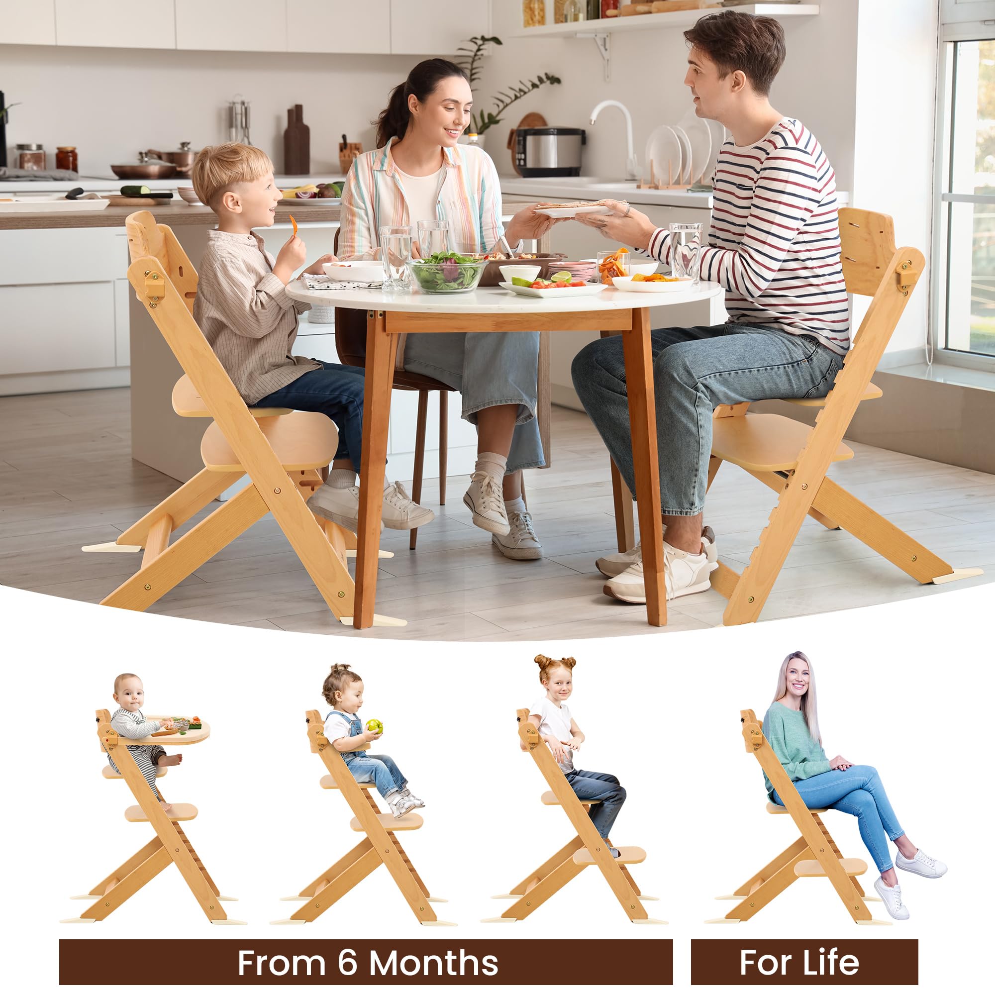 Adjustable Wooden High Chair with Removable Tray and Safety Harness
