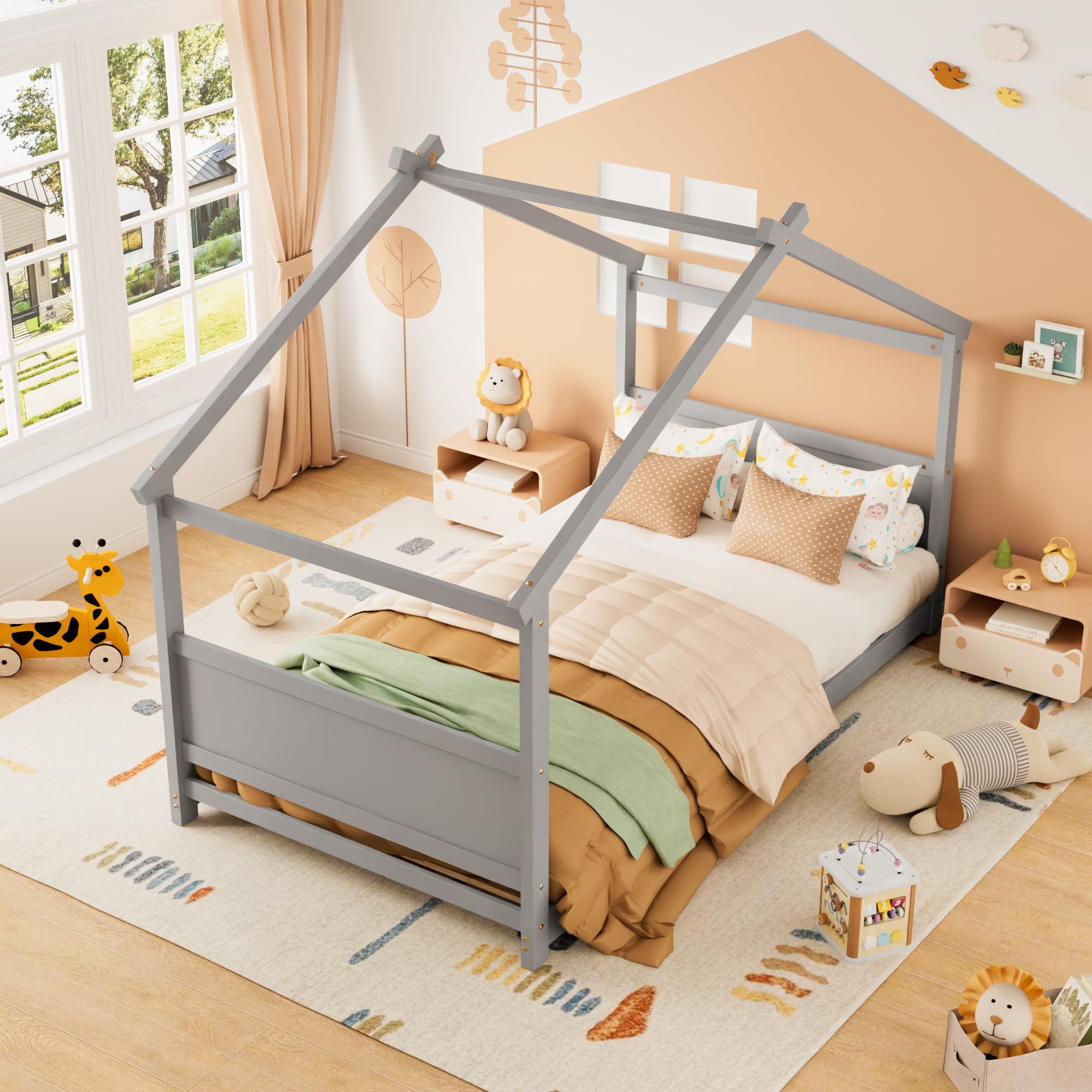 Twin Floor House Bed with Headboard and Footboard