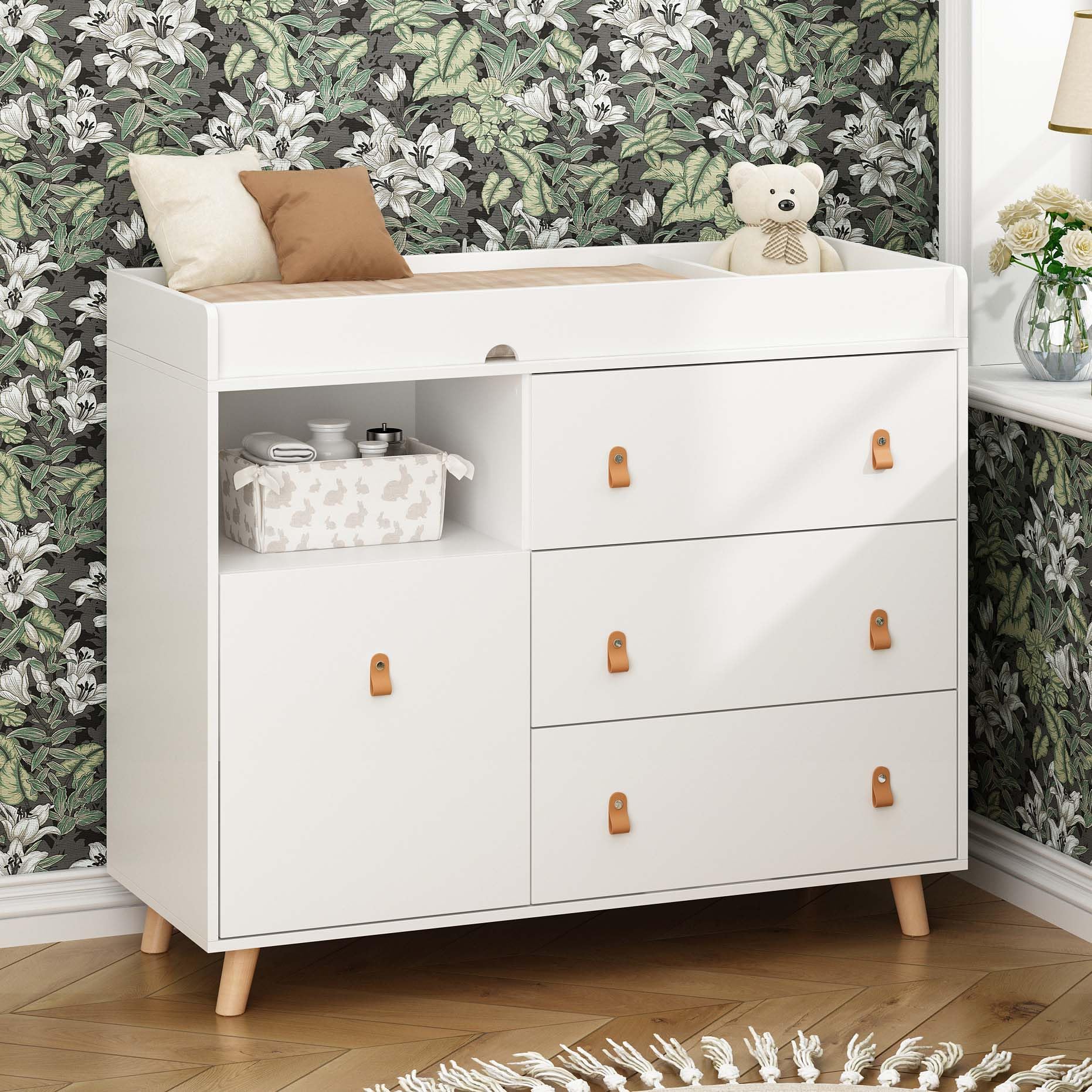 Baby Dresser Changing Table with Drawers,Shelf,Hidden Laundry