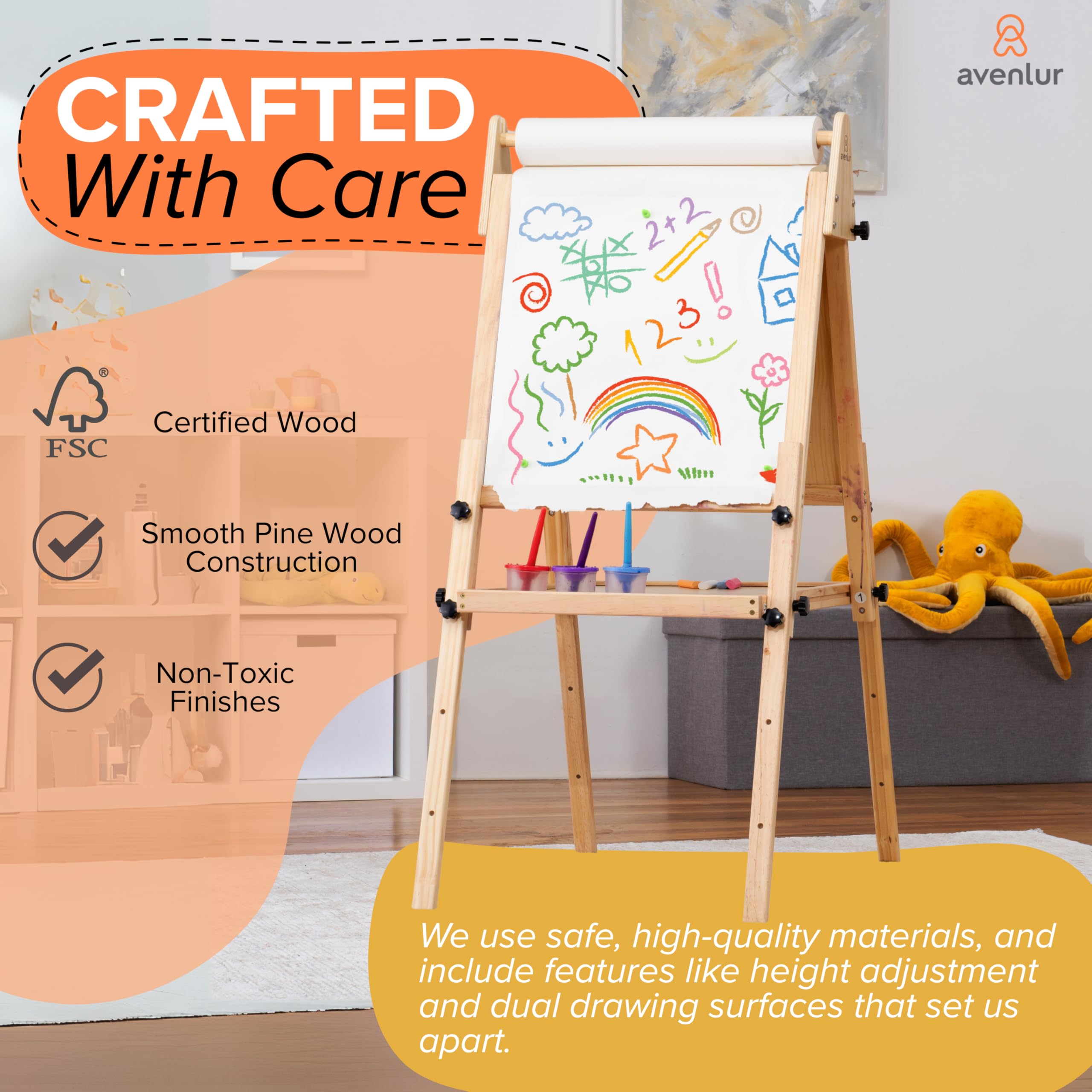 Avenlur Adjustable Height Easel for Kids and Adults - Multifunctional Art Station with Chalkboard, Ideal for Painting, Drawing, and Display - Foldable Wooden Stand with Storage Tray