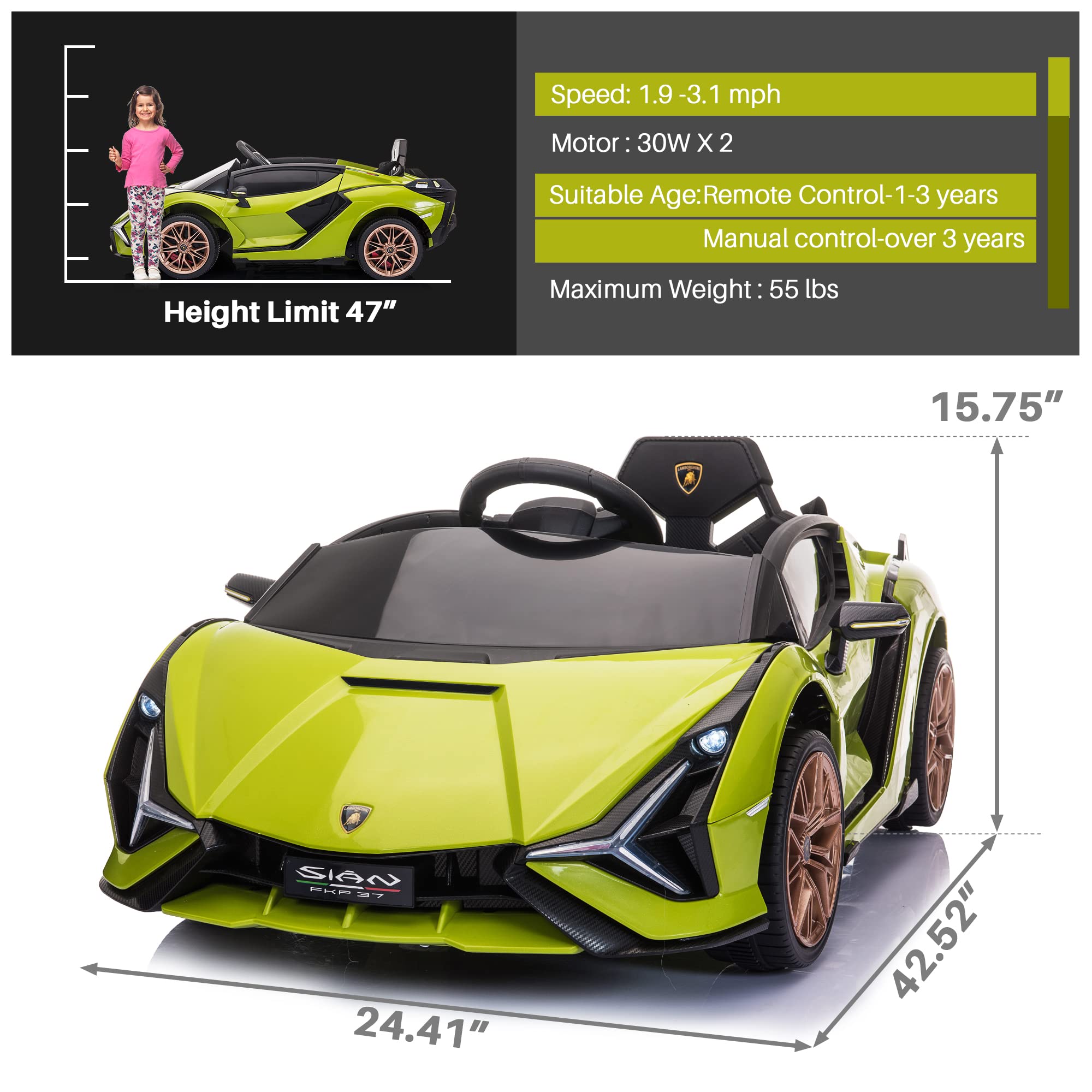 Electric Ride On Car Toy for Kids to Drive, 12V Battery Powered Licensed Lamborghini