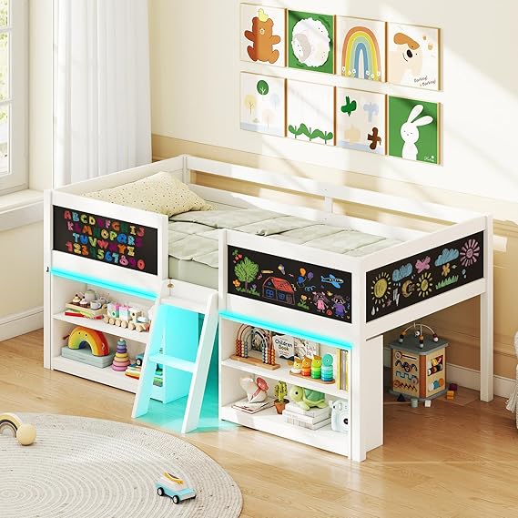 Low Loft Bed Twin Size, Wooden Loft Bed with Ladder & Blackboard