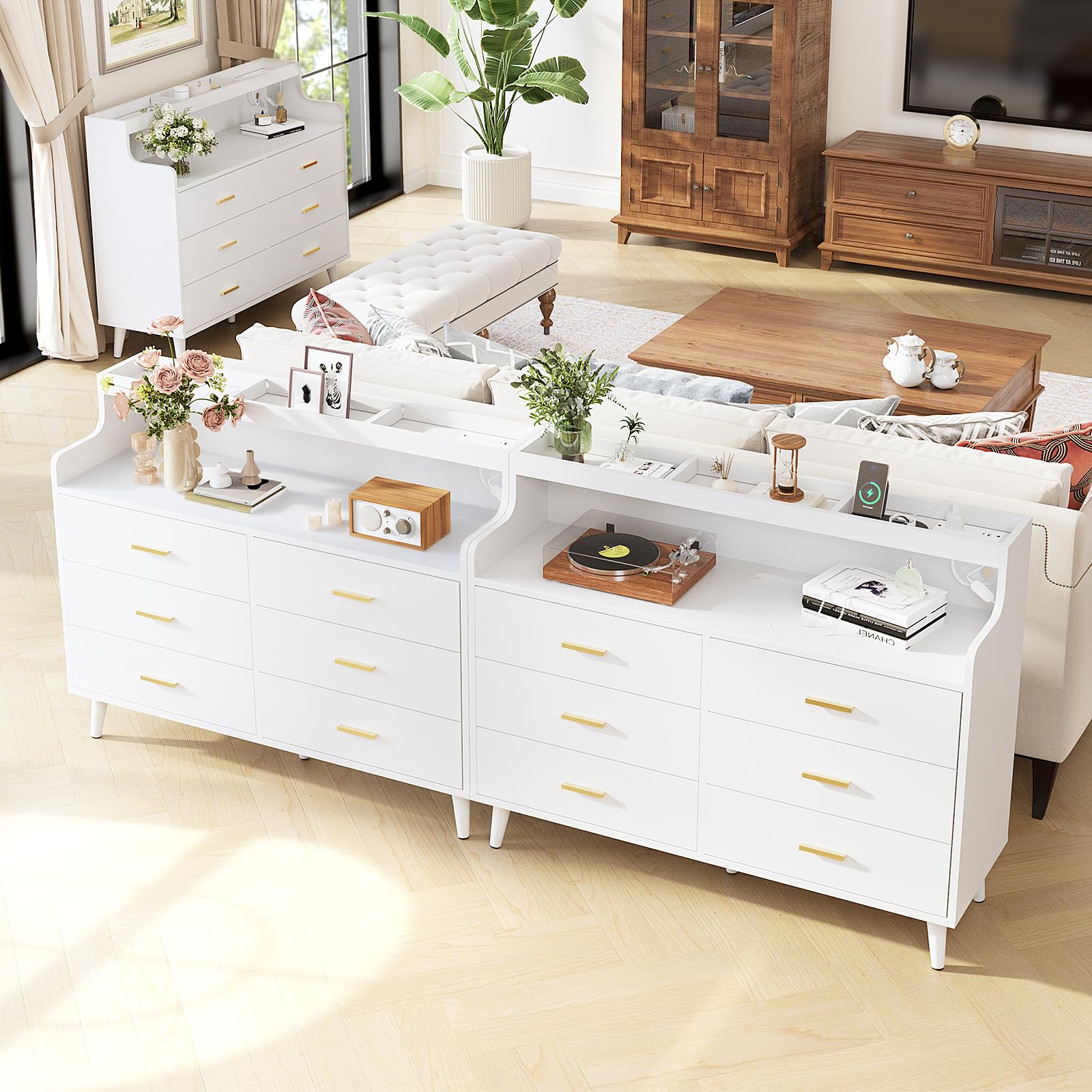 Wooden Dresser with Charging Station and LED Lights