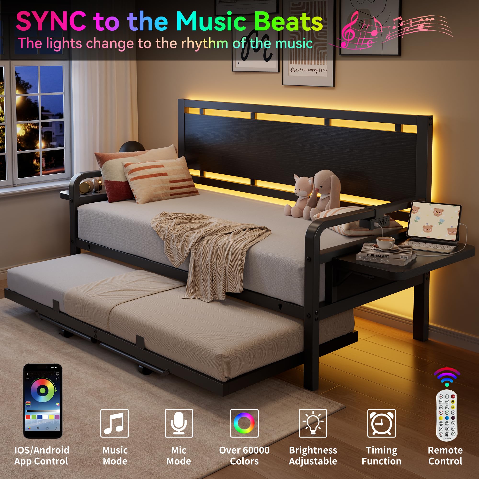 Twin Daybed with Pop-Up Trundle and LED Lights