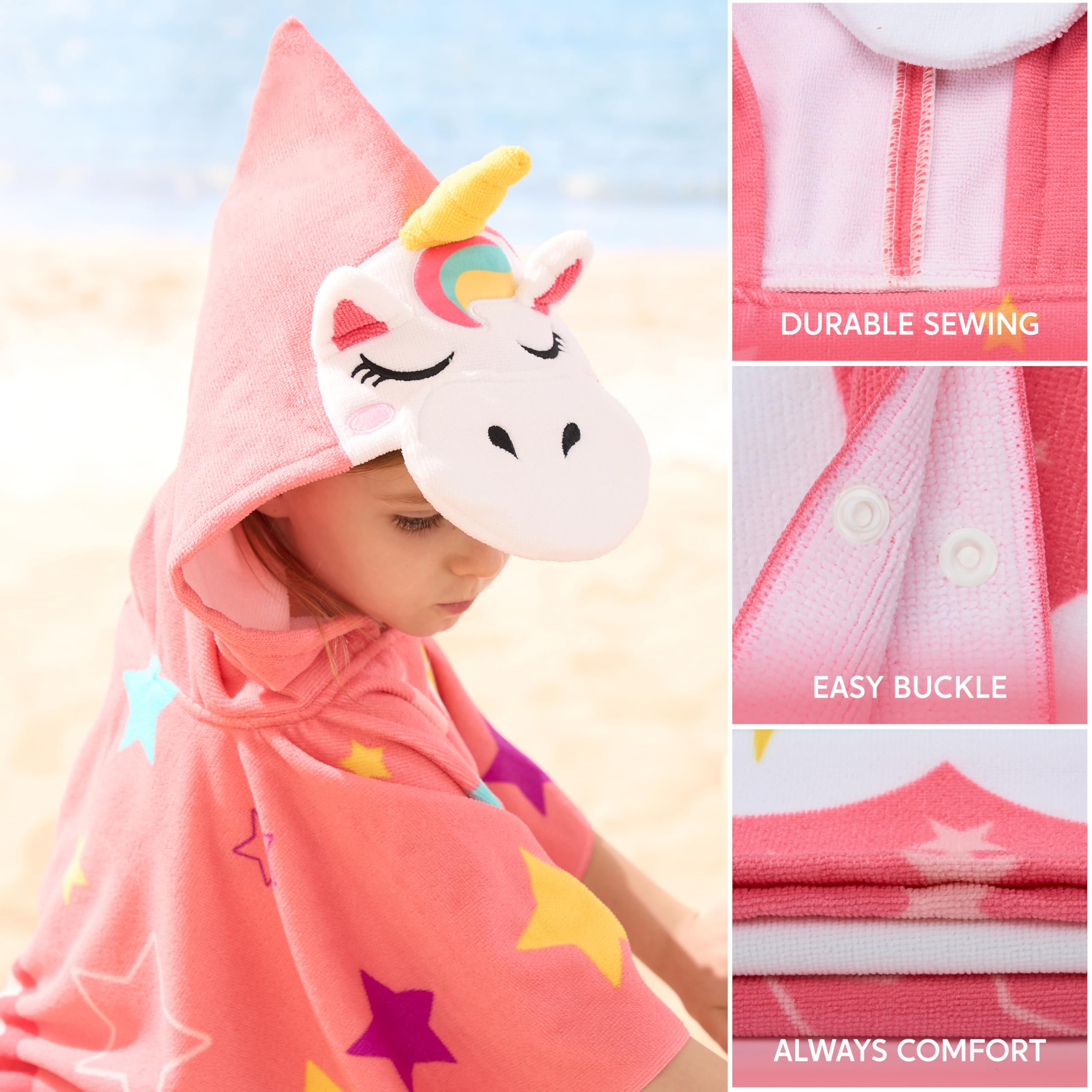 Kids Hooded Beach Towel Poncho with Snap Buttons