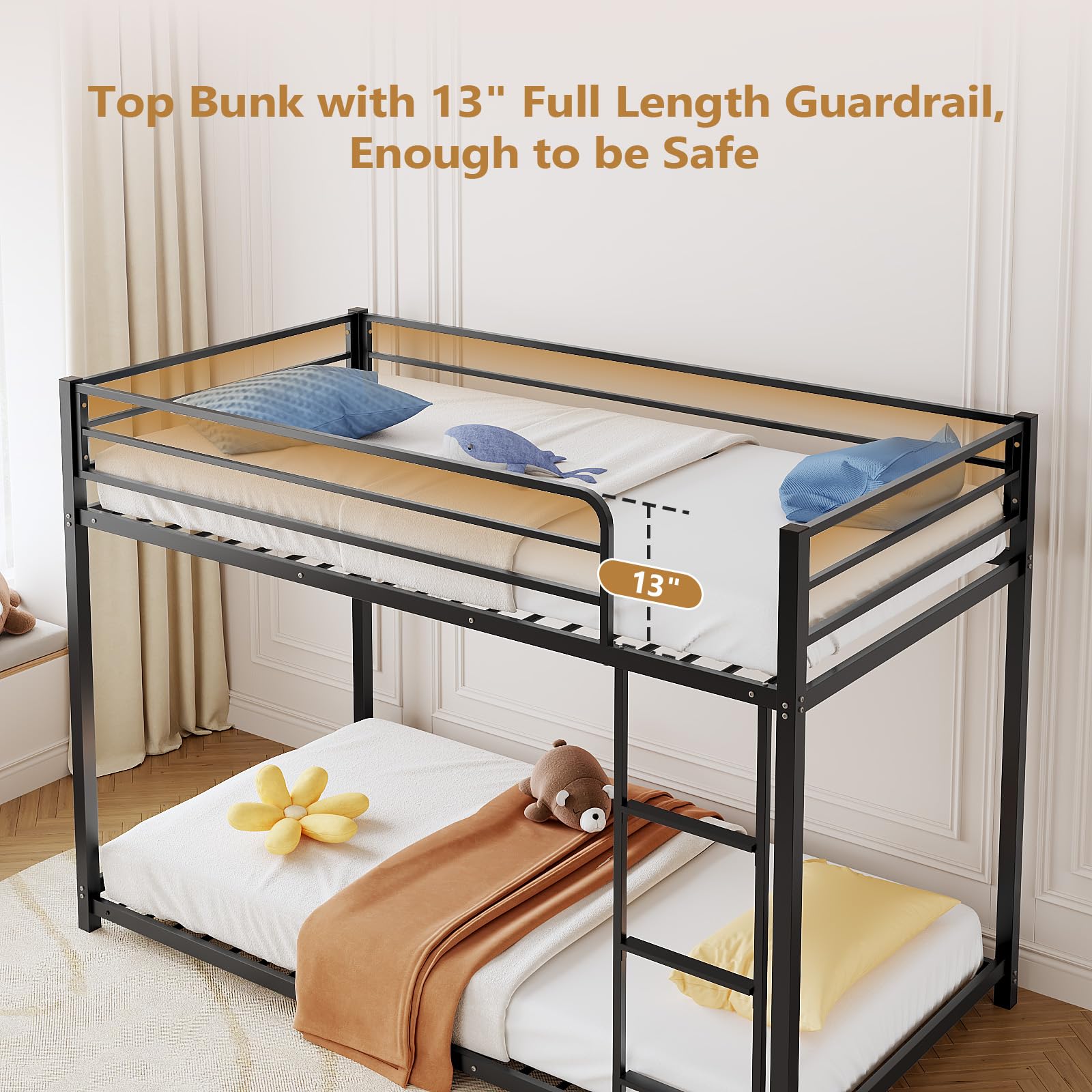 Bunk Bed Twin Over Twin, Metal Twin Size Bed Frame with Safety Guardraild