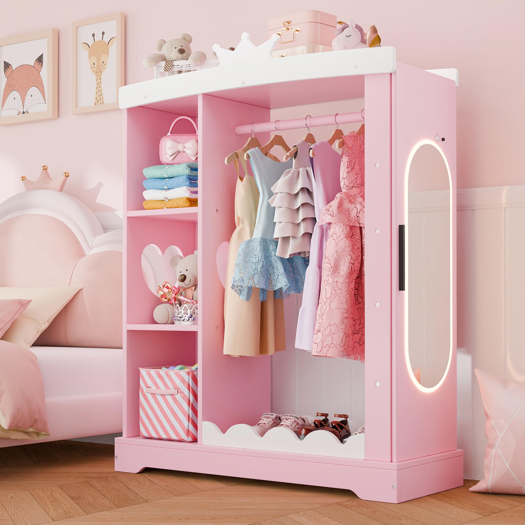 Kids Armoire with Jewelry Cabinet, Dress up Storage with Mirror