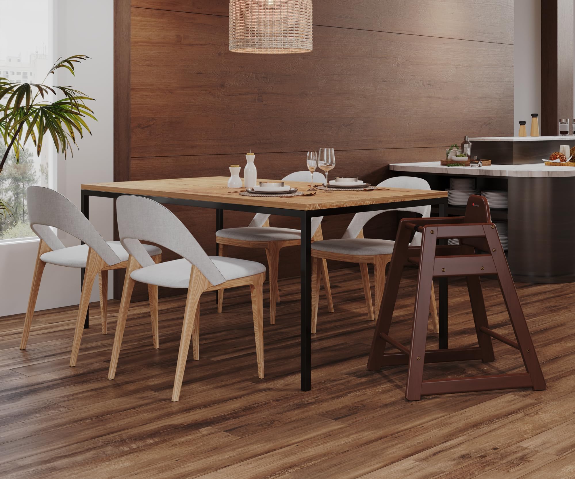 Wood Highchair for Restaurants, Easy to Clean, “No-tip” Feet, 3-point Safety Harness