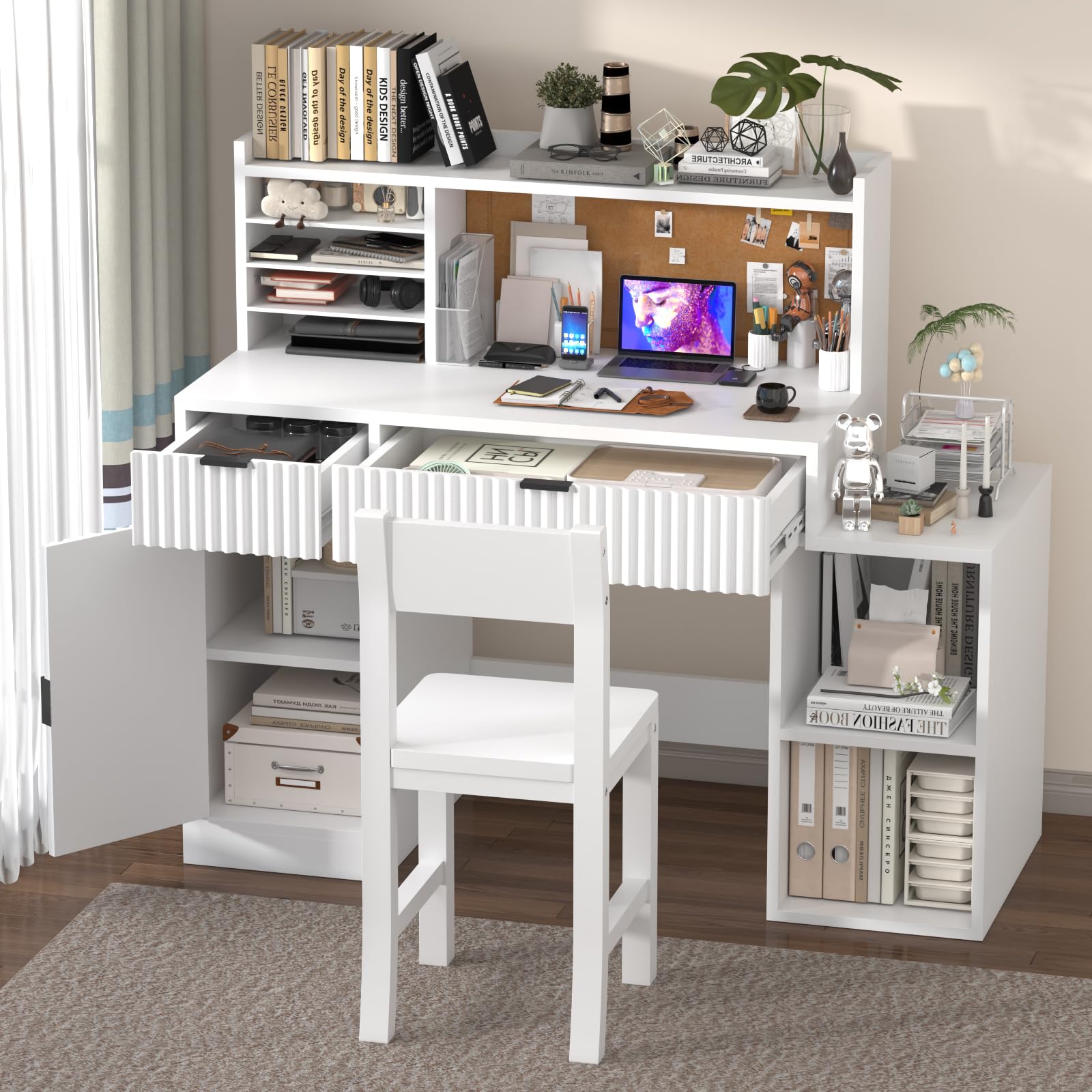 White Wooden Kids Fluted Desk and Chair Set,Kids Study Table and Chair Set