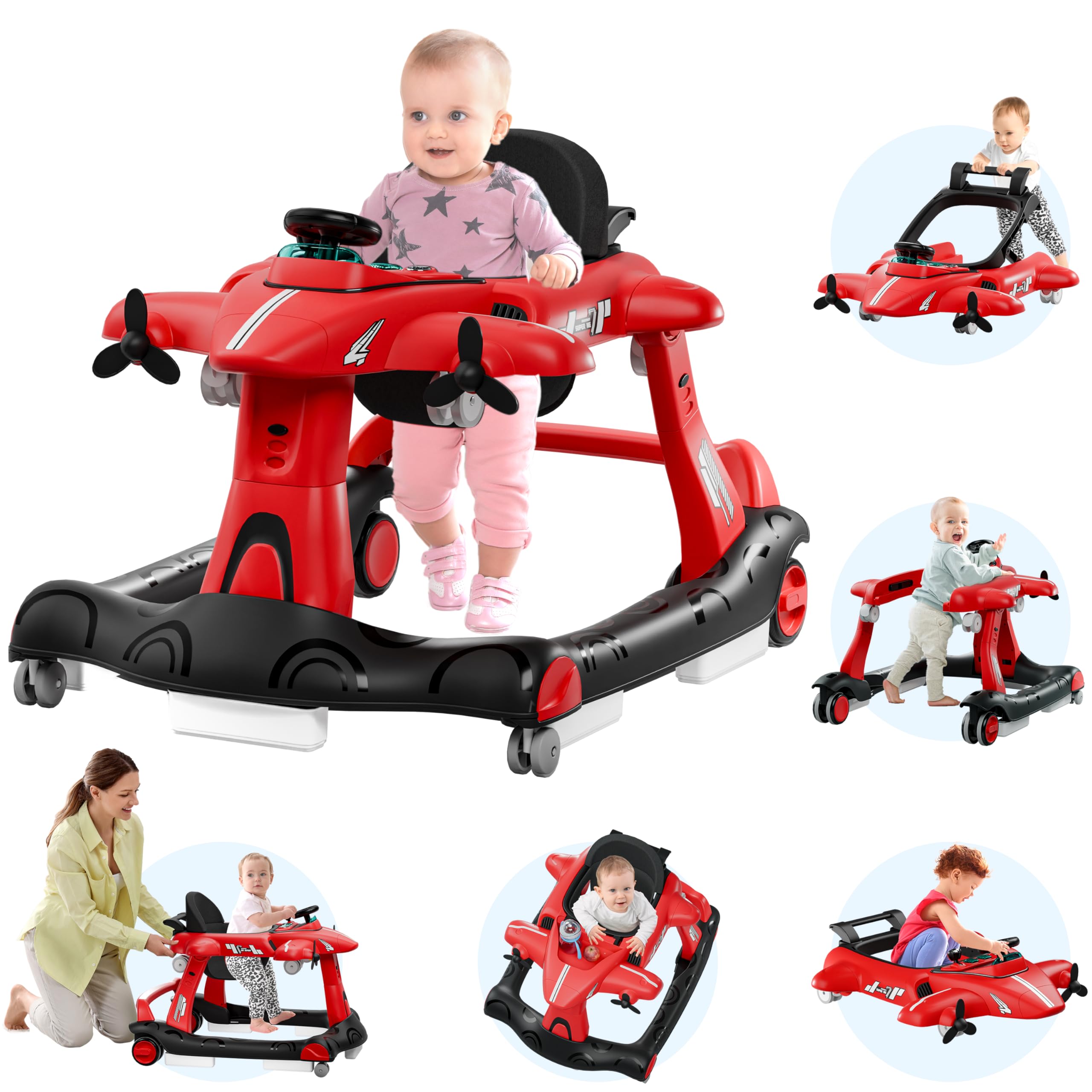 6-in-1 Baby Walker with Adjustable Speed Wheels, Adjustable Height Activity Walker