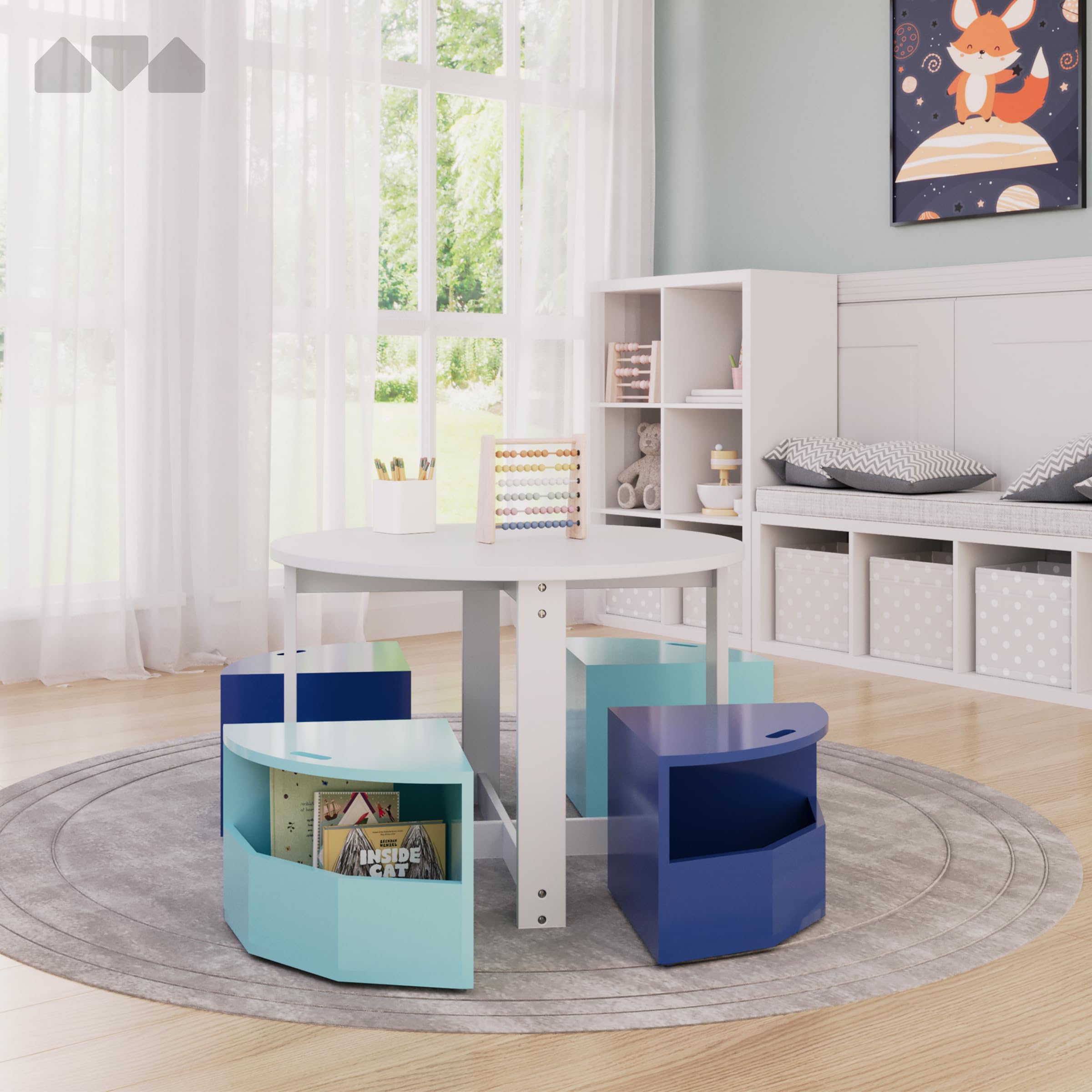 Toddler Table and Chair Set – Round Kids Activity Table With 4 Storage Stools