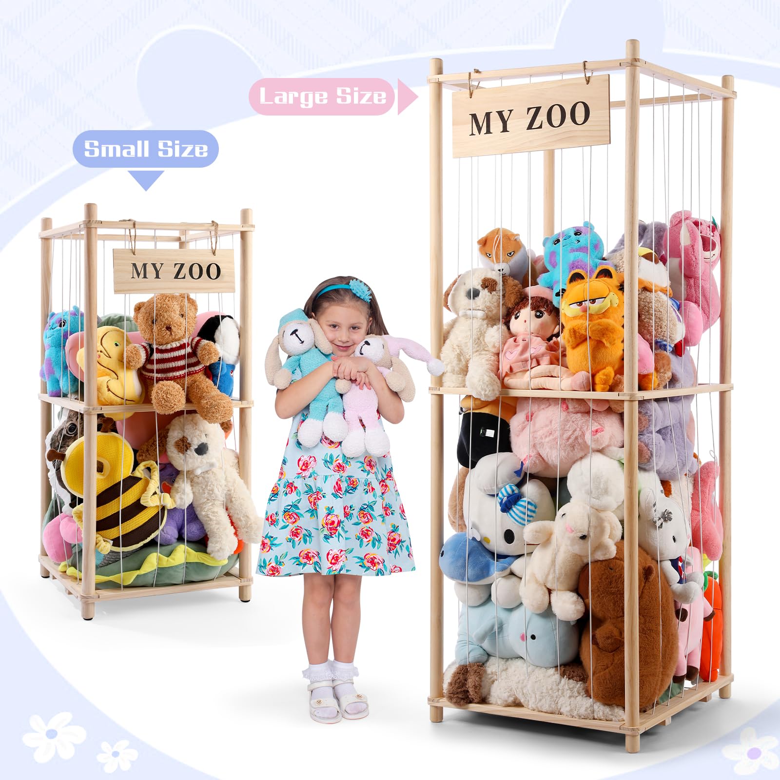 Wooden Stuffed Animal Storage Zoo Organizer with Elastic Cords