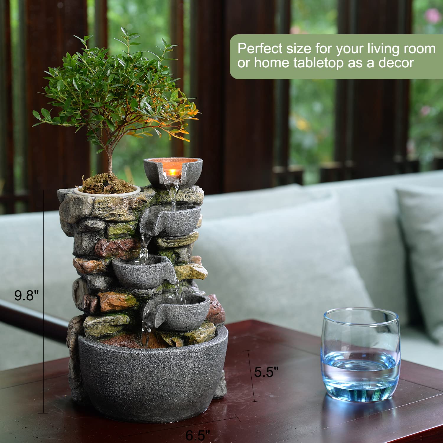 Indoor Tabletop Fountain with LED Lights and Plant Pot