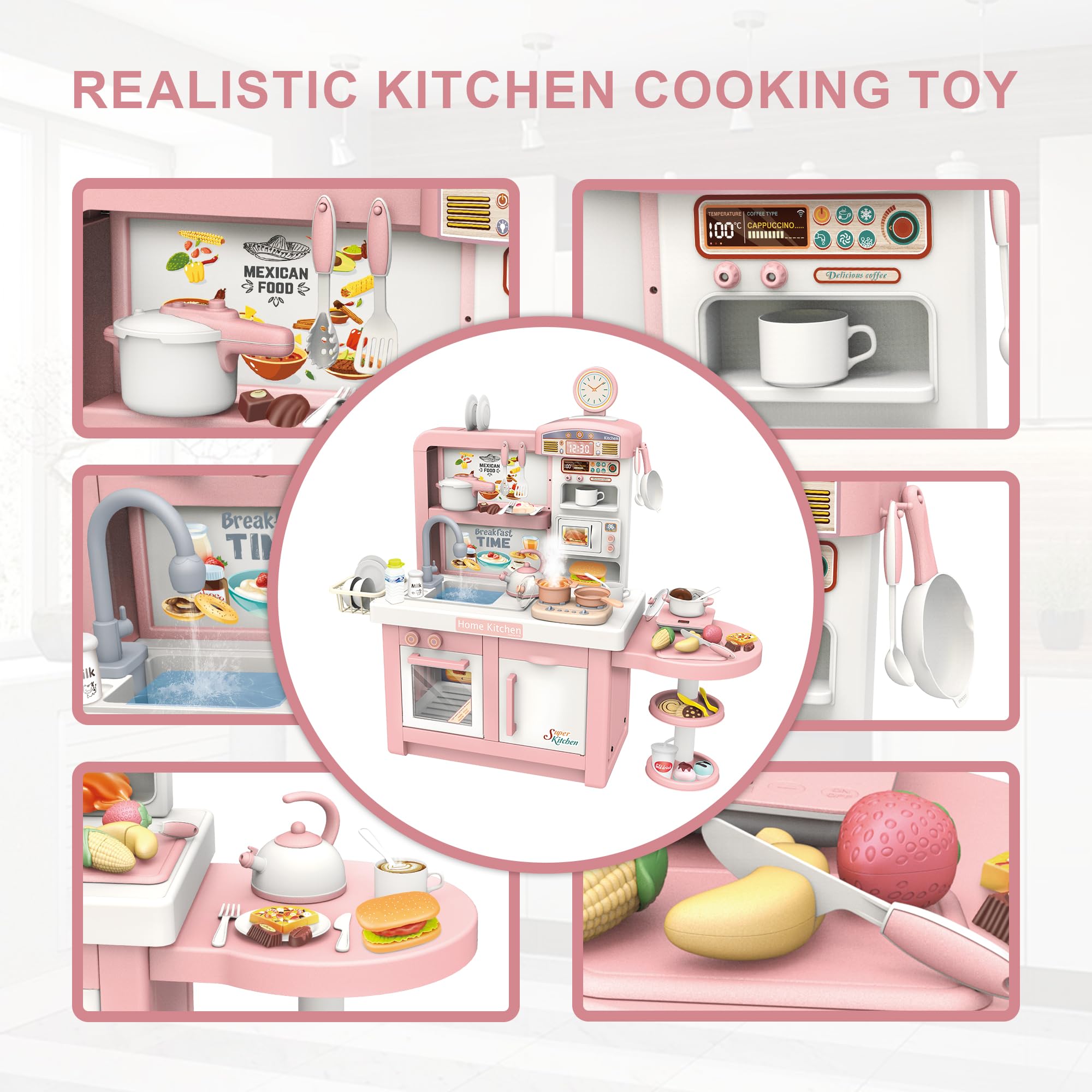 Elevon Pretend Play Kitchen Toy Set for Kids, Interactive Playset with Lights and Sounds, for Toddlers 3+ Years Old, 49 Piece Toy Accessory Set with Cooking Stove, Sink, Play Food, Realistic - Pink
