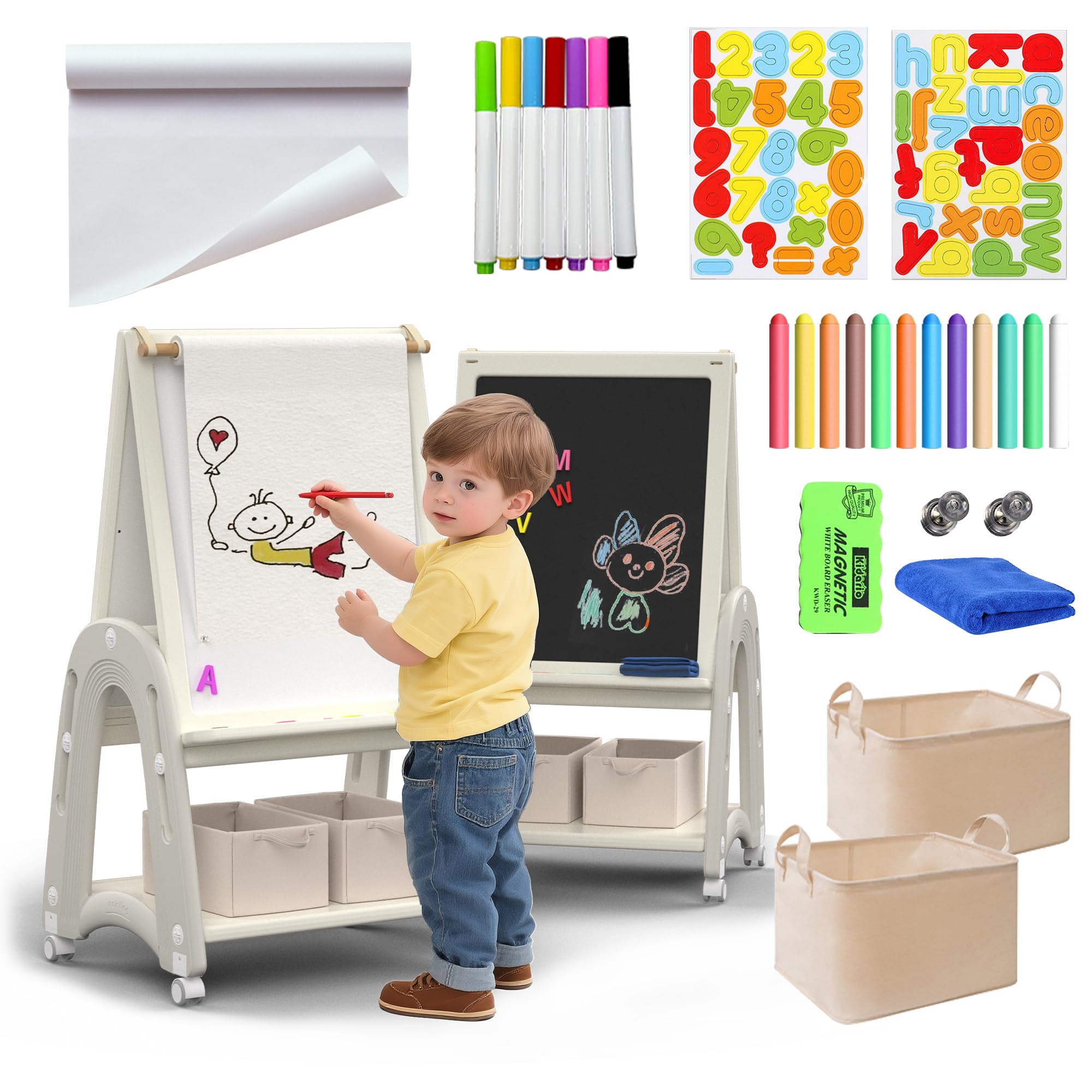 Art Easel for Kids 2-4 with Wheels, Whiteboard, Chalkboard & Paper Roll