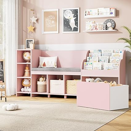 67" Kids Reading Nook with Bench, Kids Bookshelf and Bookcase s, Toy Storage Box on Wheels, Toy Chest for Playroom, Bedroom, School, White