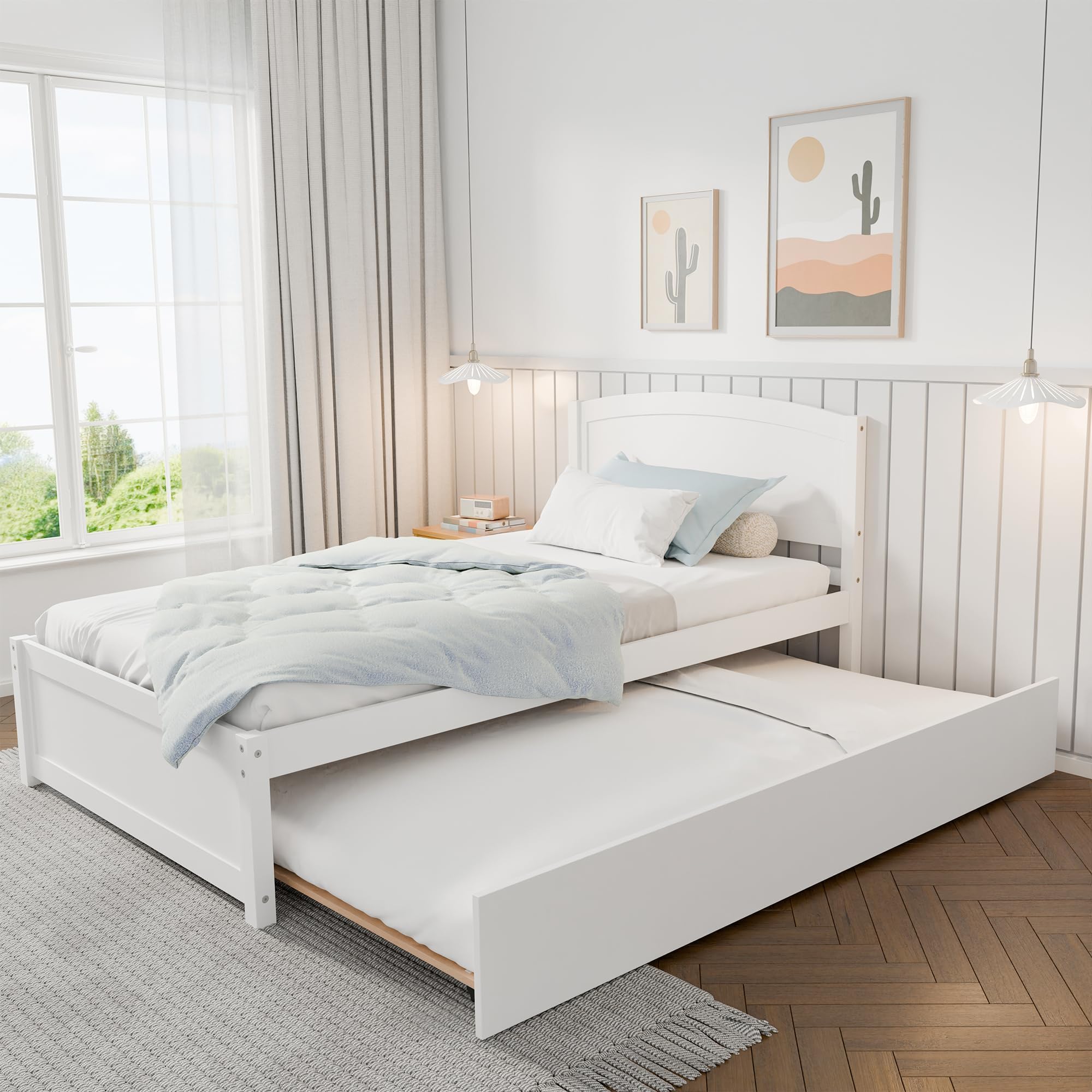 Daybed with Trundle, Twin Size Pull Out Bed, Include Slat Support (White, Trundle)