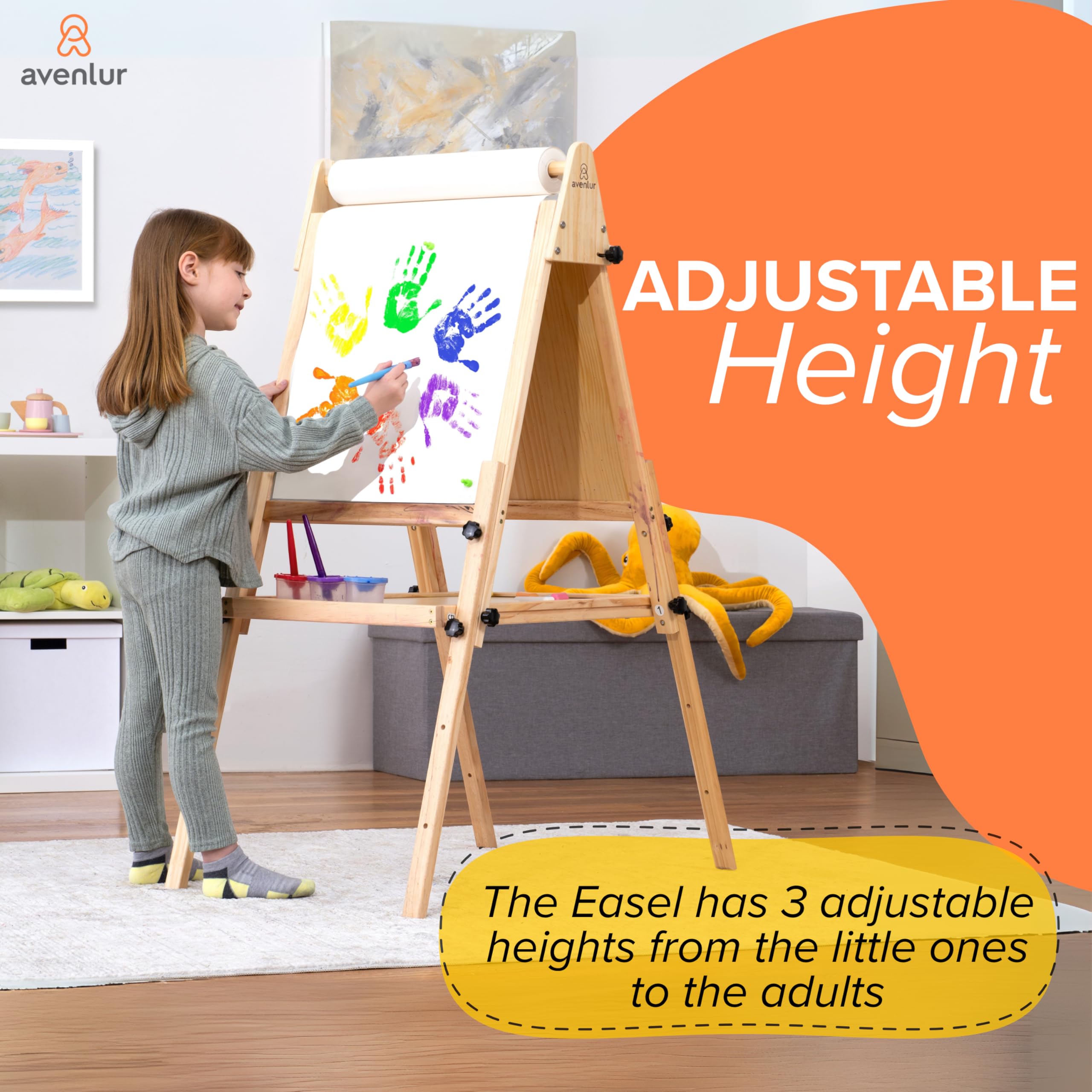 Avenlur Adjustable Height Easel for Kids and Adults - Multifunctional Art Station with Chalkboard, Ideal for Painting, Drawing, and Display - Foldable Wooden Stand with Storage Tray