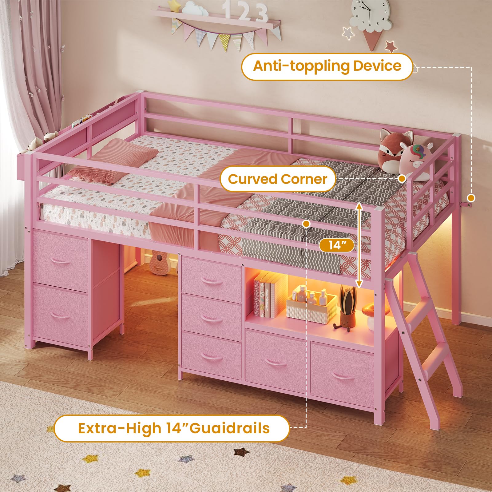 Twin Low Loft Bed with Storage Drawers and LED Lights