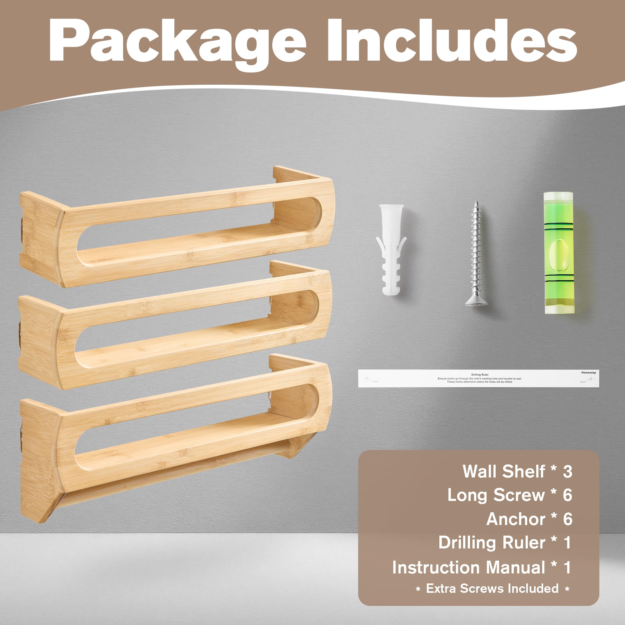 Premium Bamboo Nursery Floating Shelves Set of 3 with Hanging Rod