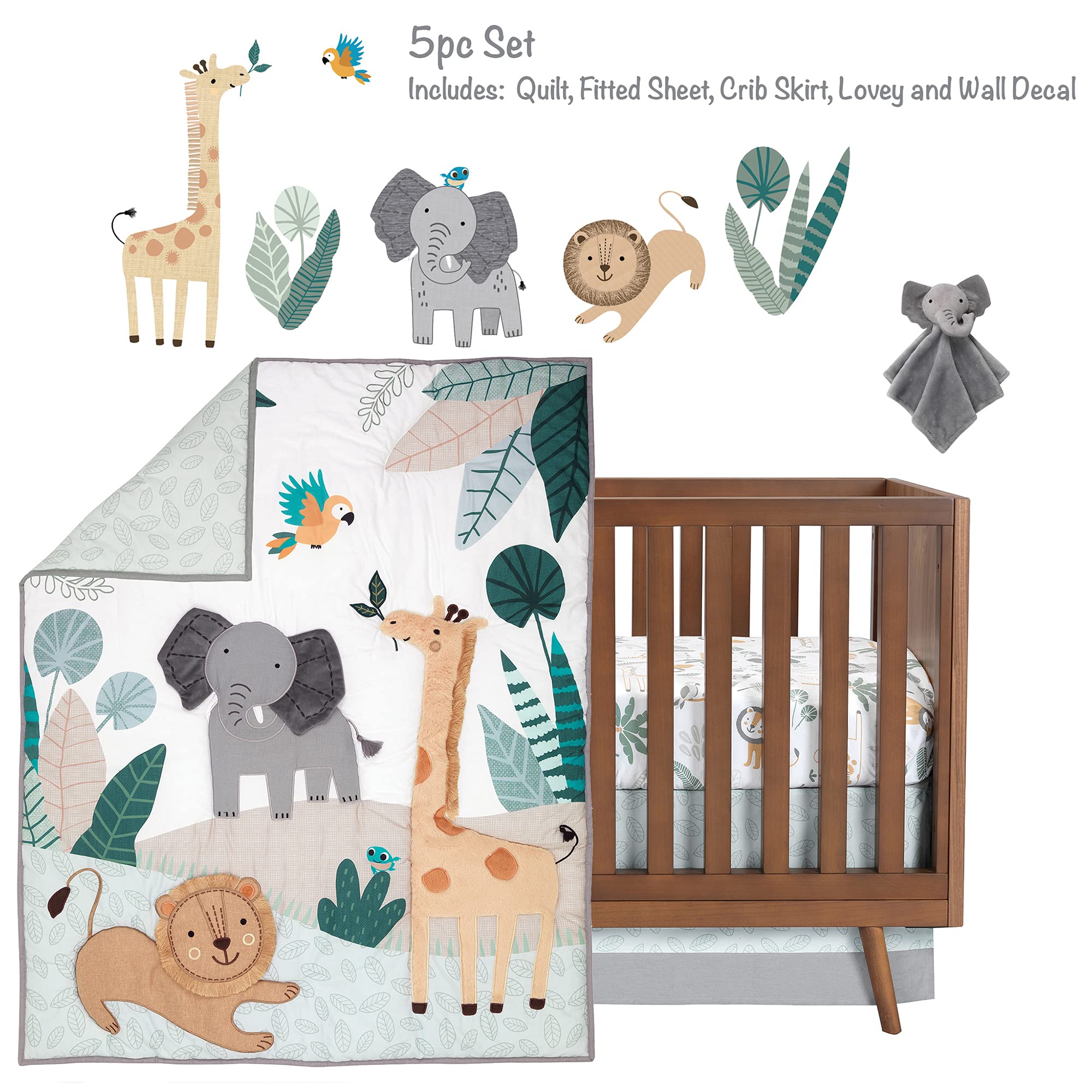5-Piece Safari Animals Crib Bedding Set with Quilt and Fitted Sheet