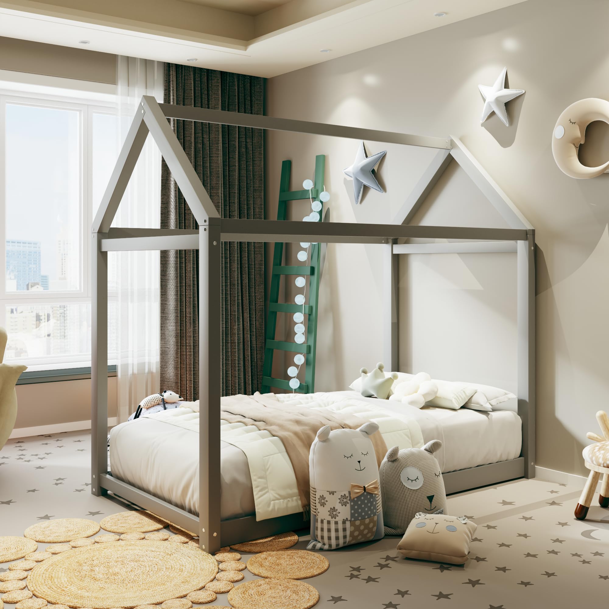 Twin Size Wood House Bed Floor Frame with Slats