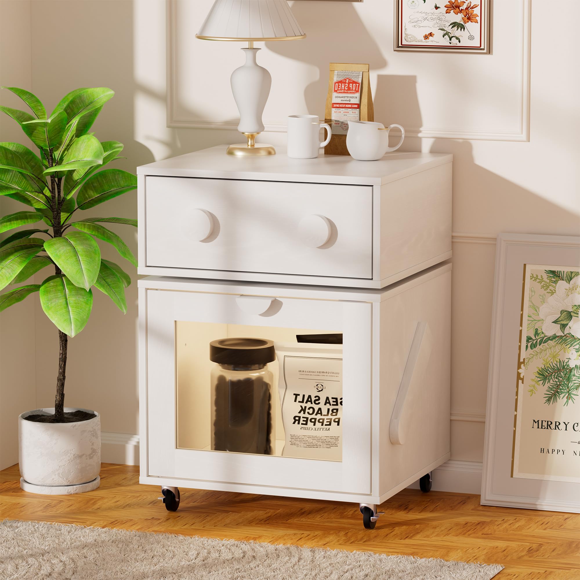 Nightstand with 360° Rotating Drawer & Motion Sensor Lights