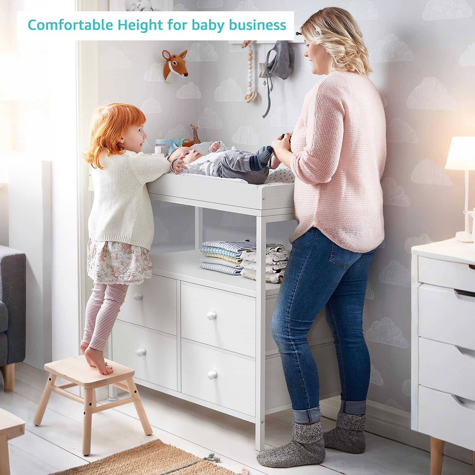Changing Table Dresser with 4 Fabric Drawers and Open Shelf