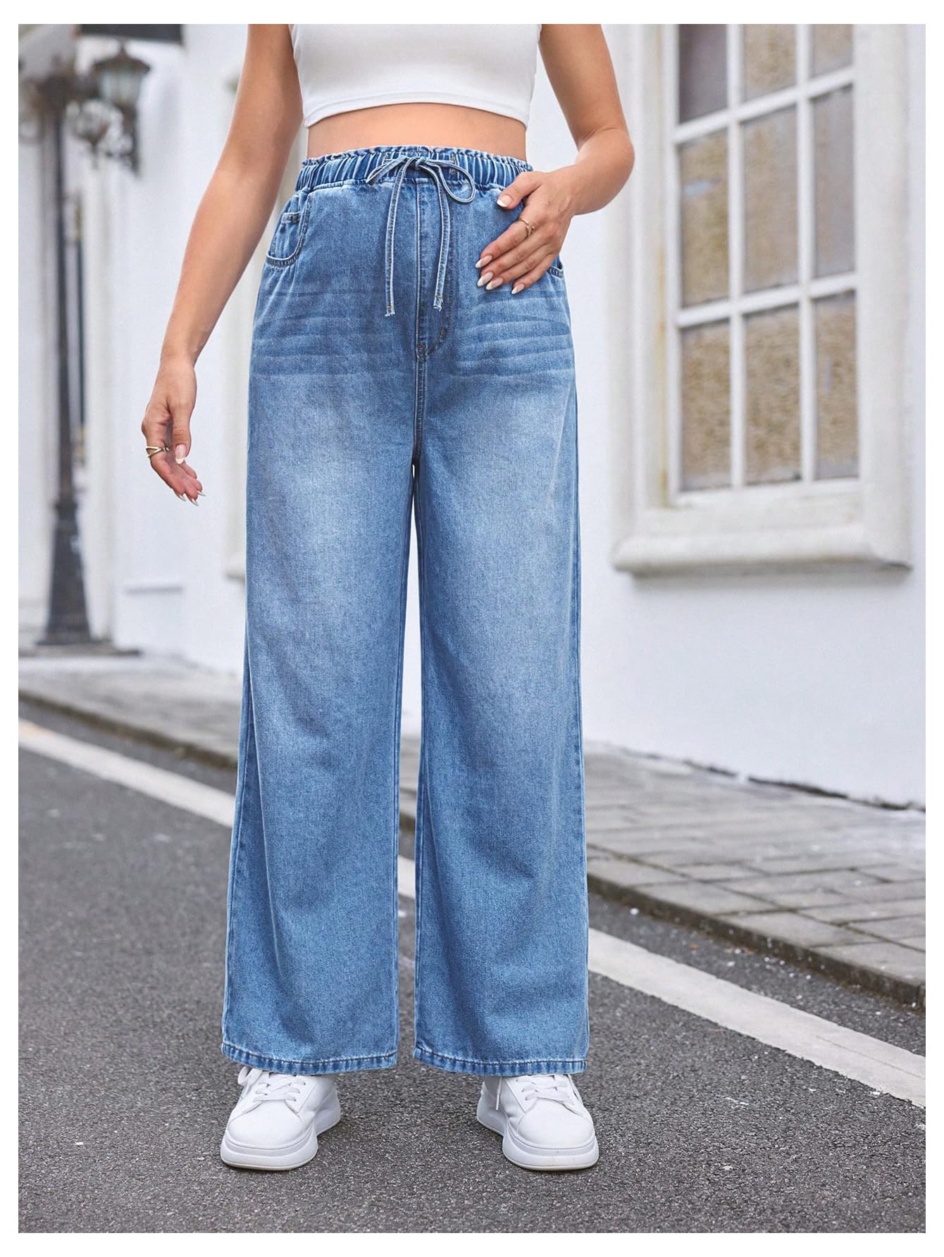 Women's Maternity Denim Pants Elastic Waist Drawstring Wide Leg Baggy