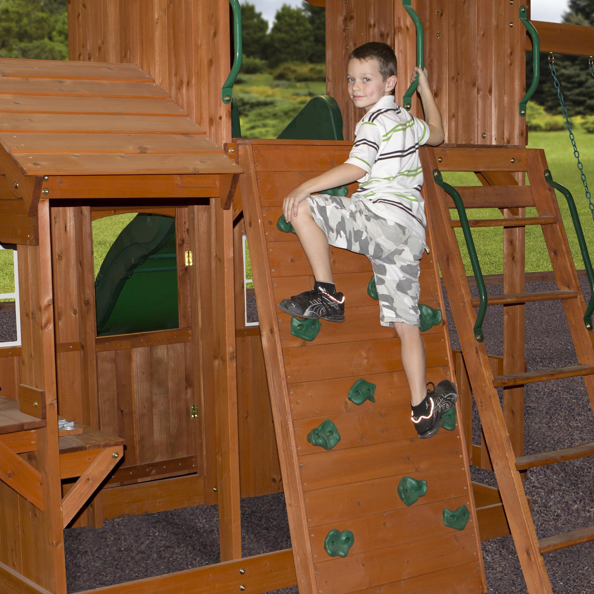 Cedar Wood Swing Set with Clubhouse and Wave Slide