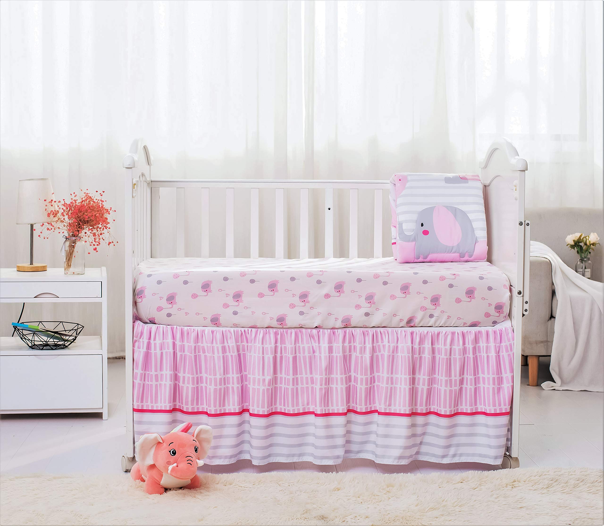 Baby Crib Bedding Set for Girls, Pink Elephant & Love Balloons 3 Piece