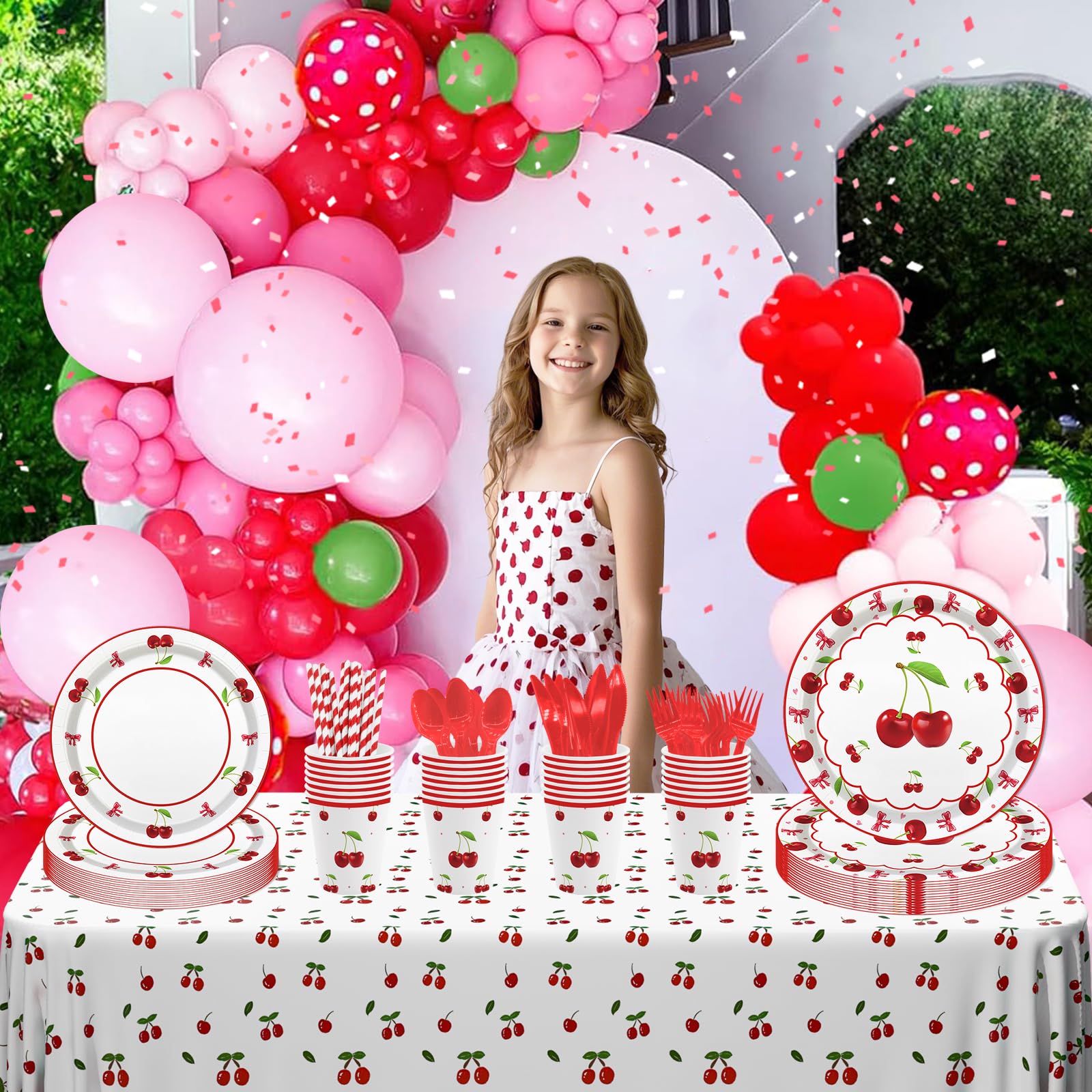 168Pcs Cherry Birthday Party Supplies, Coquette Cherry with Bow for Girl Birthday