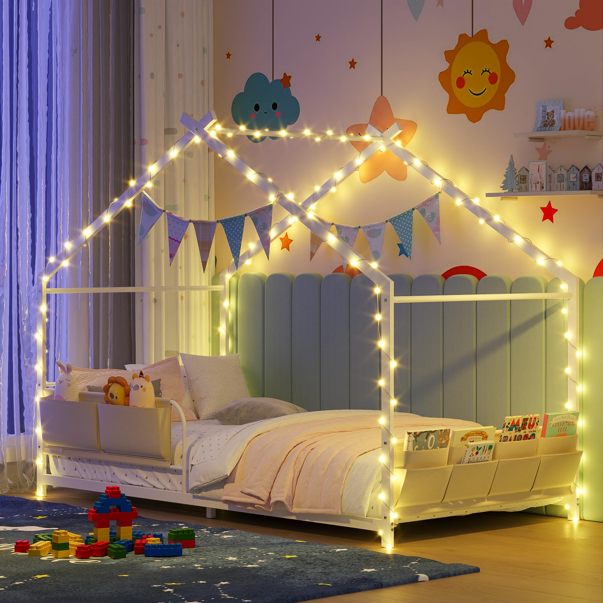 Montessori House Bed Twin Size Metal Floor Bed with Storage