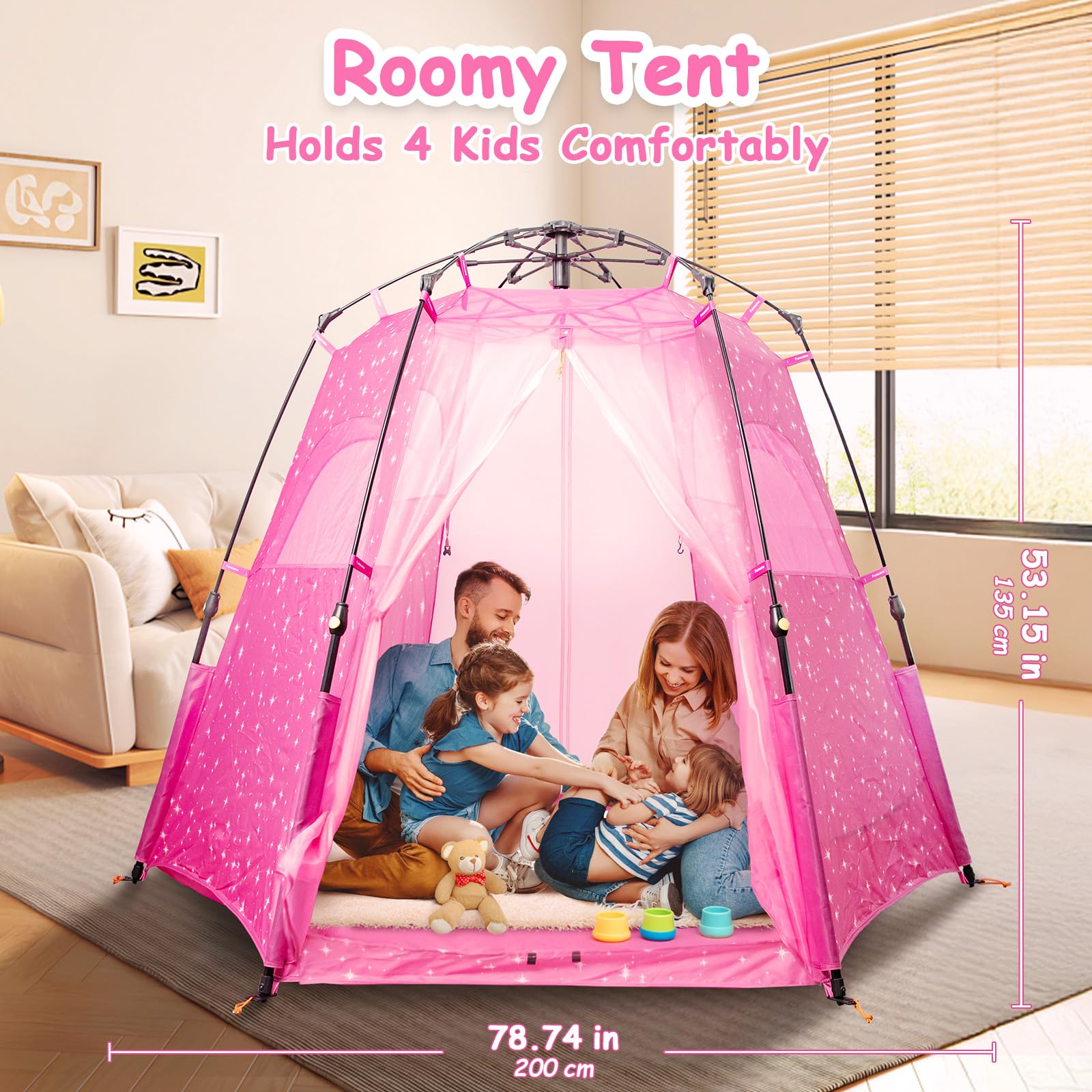 Princess Pop-up Play Tent for Girls: 78"x66" Large Playhouse Castle for Kids Indoor & Outdoor (Pink)