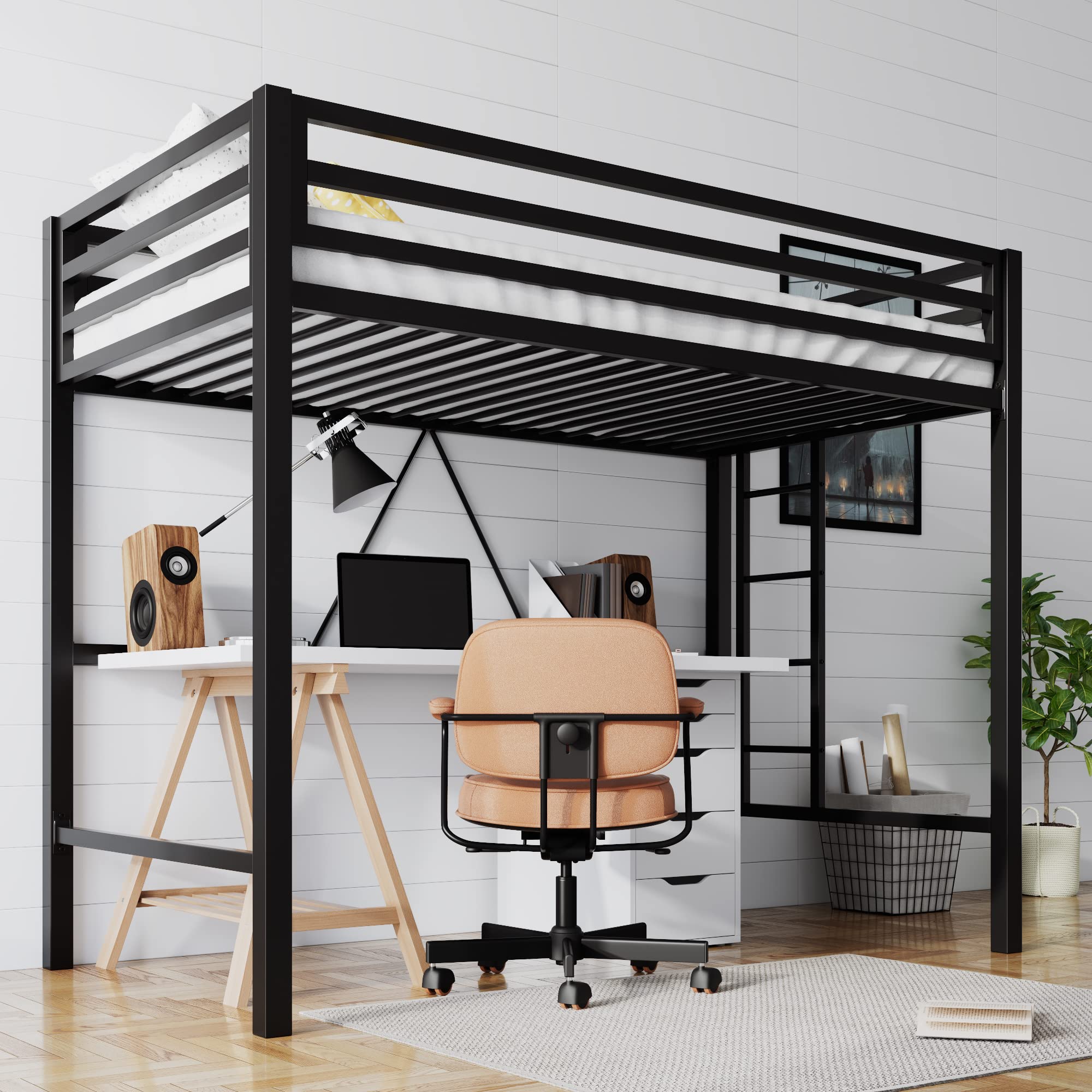 Loft Bed Twin Size with Ladder and Guardrail