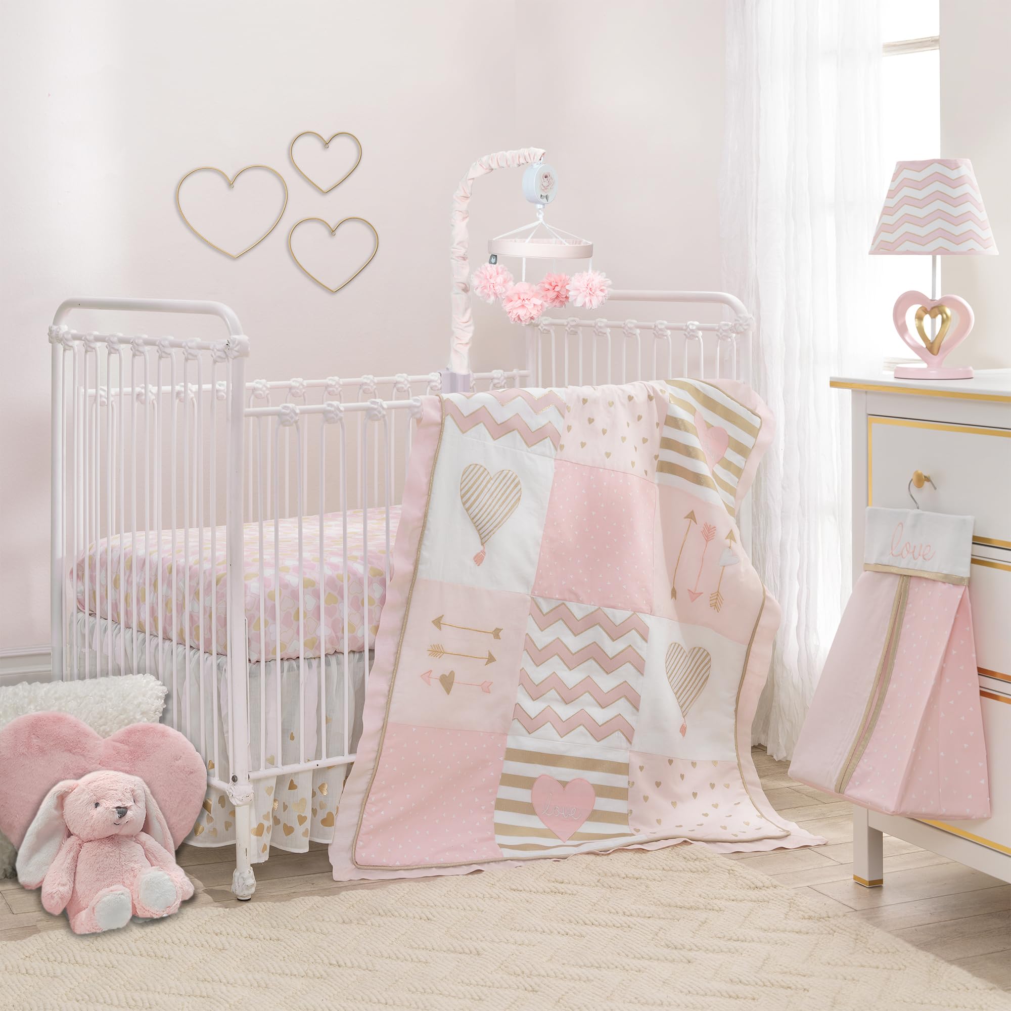 4-Piece Crib Bedding Set Pink Gold Heart