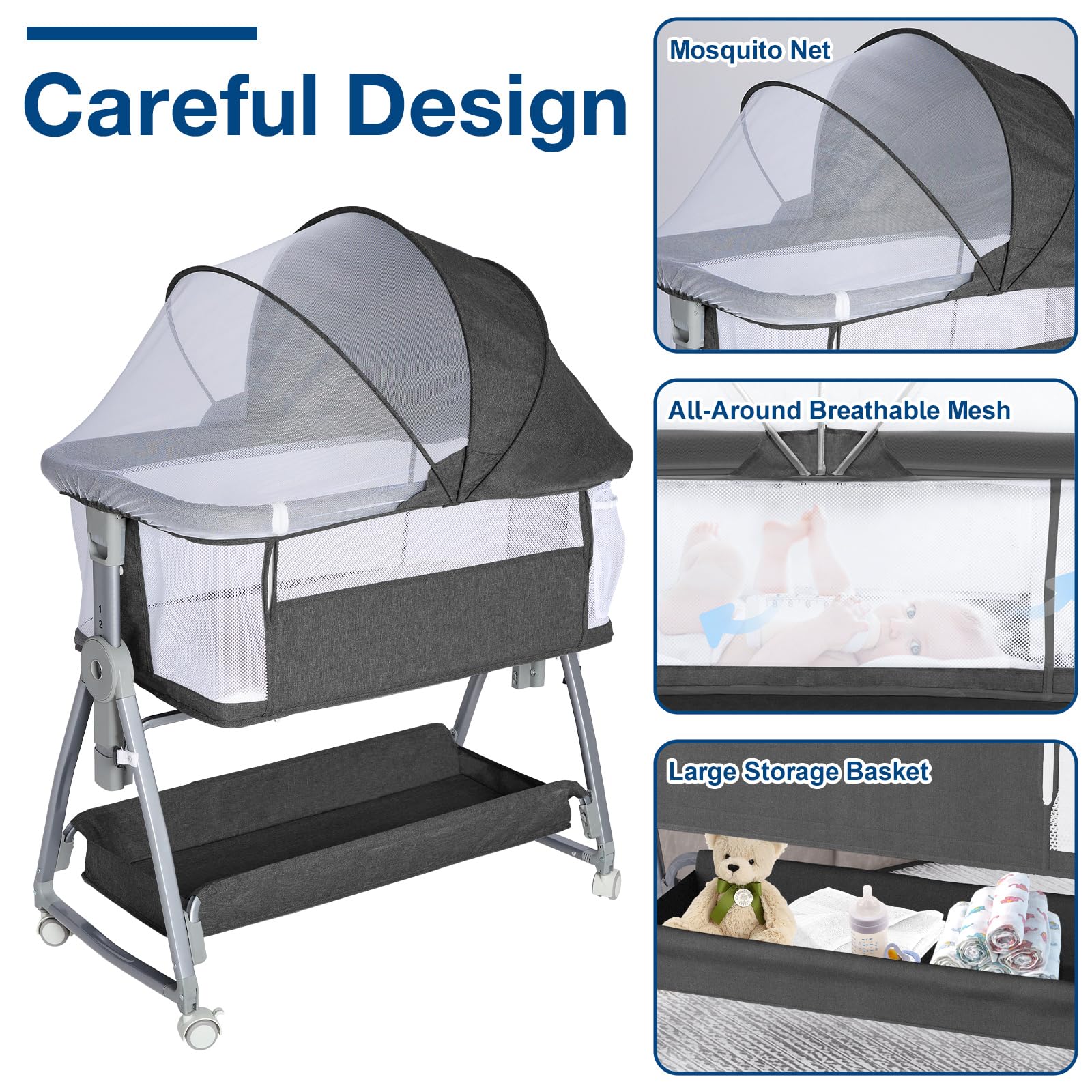 Adjustable Bedside Bassinet with Wheels