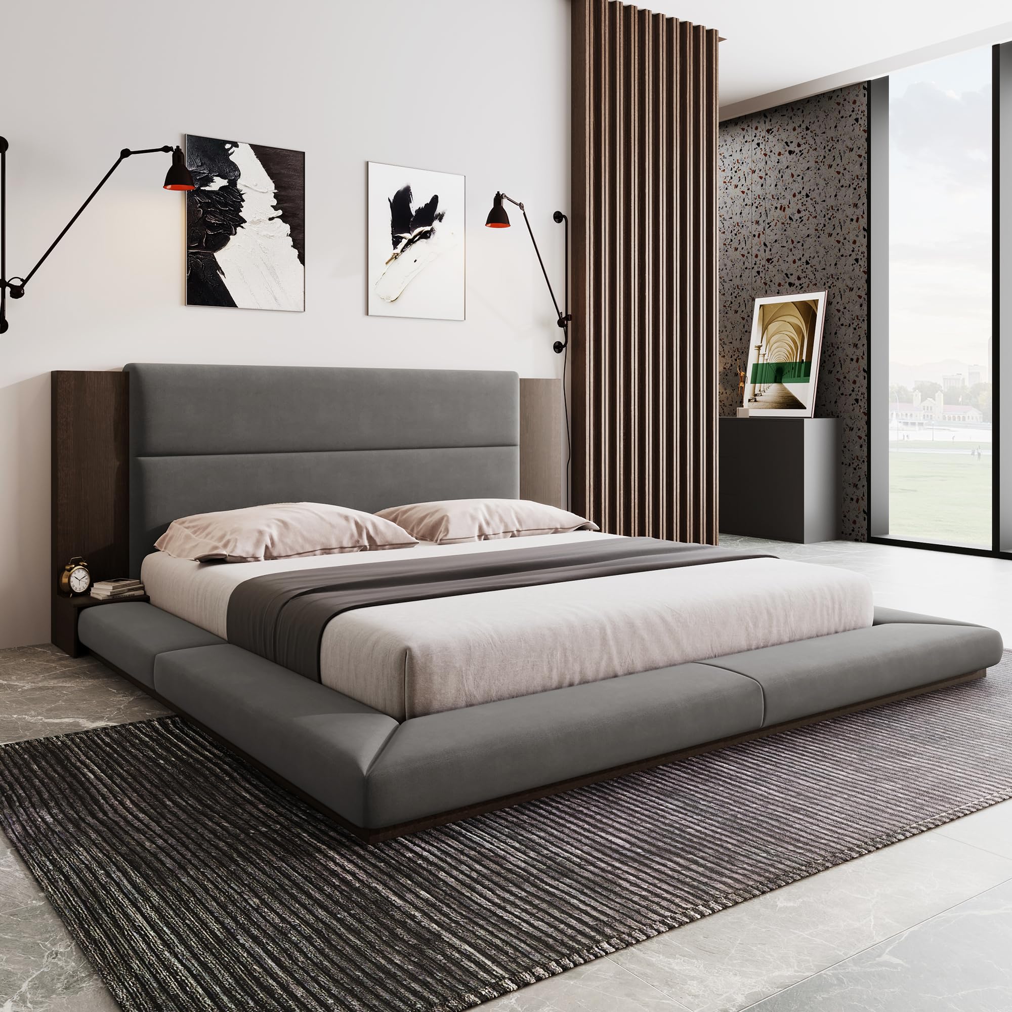 Queen Size Velvet Bed Frame, Upholstered Velvet Floor Bed Queen