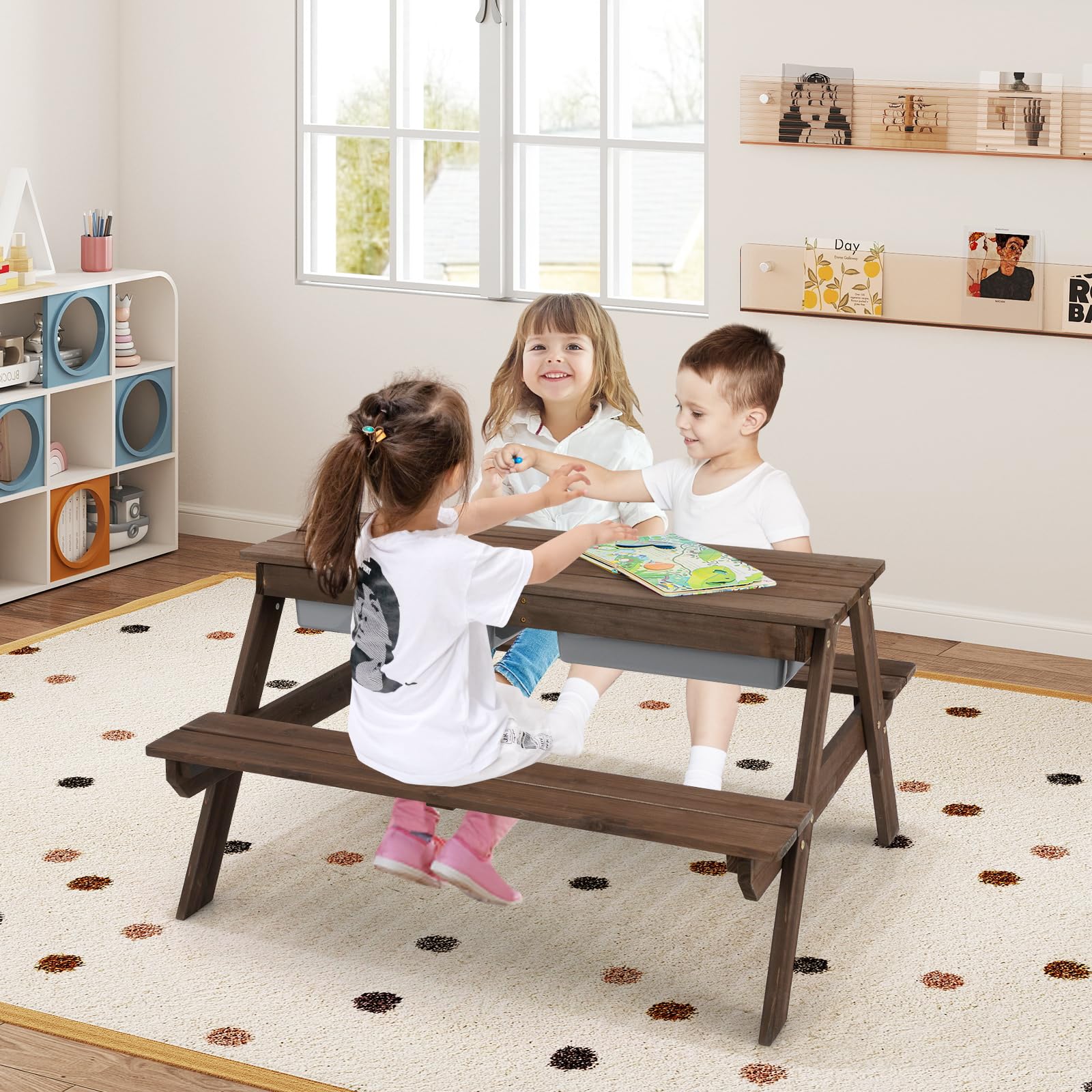 Kids Picnic Table, 4 in 1 Cedar Wooden Sand & Water Table w/ 3 Removable Box & Umbrella