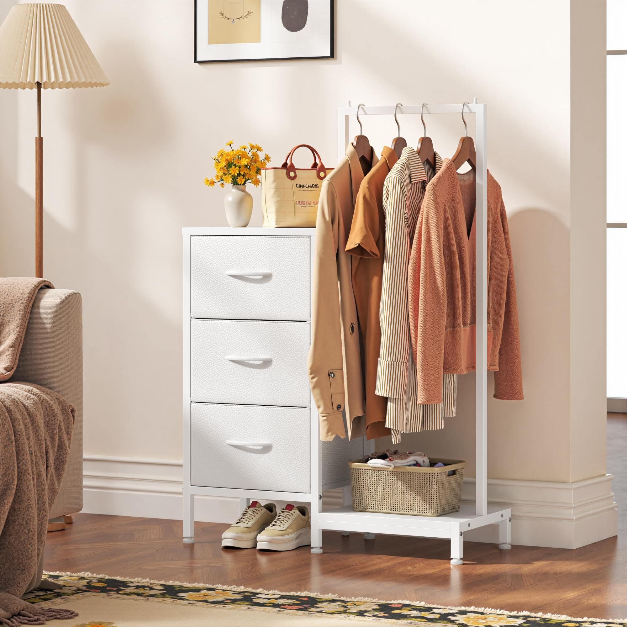 Bedroom with Hanging Rack, 3 Drawers Dresser for Bedroom - White