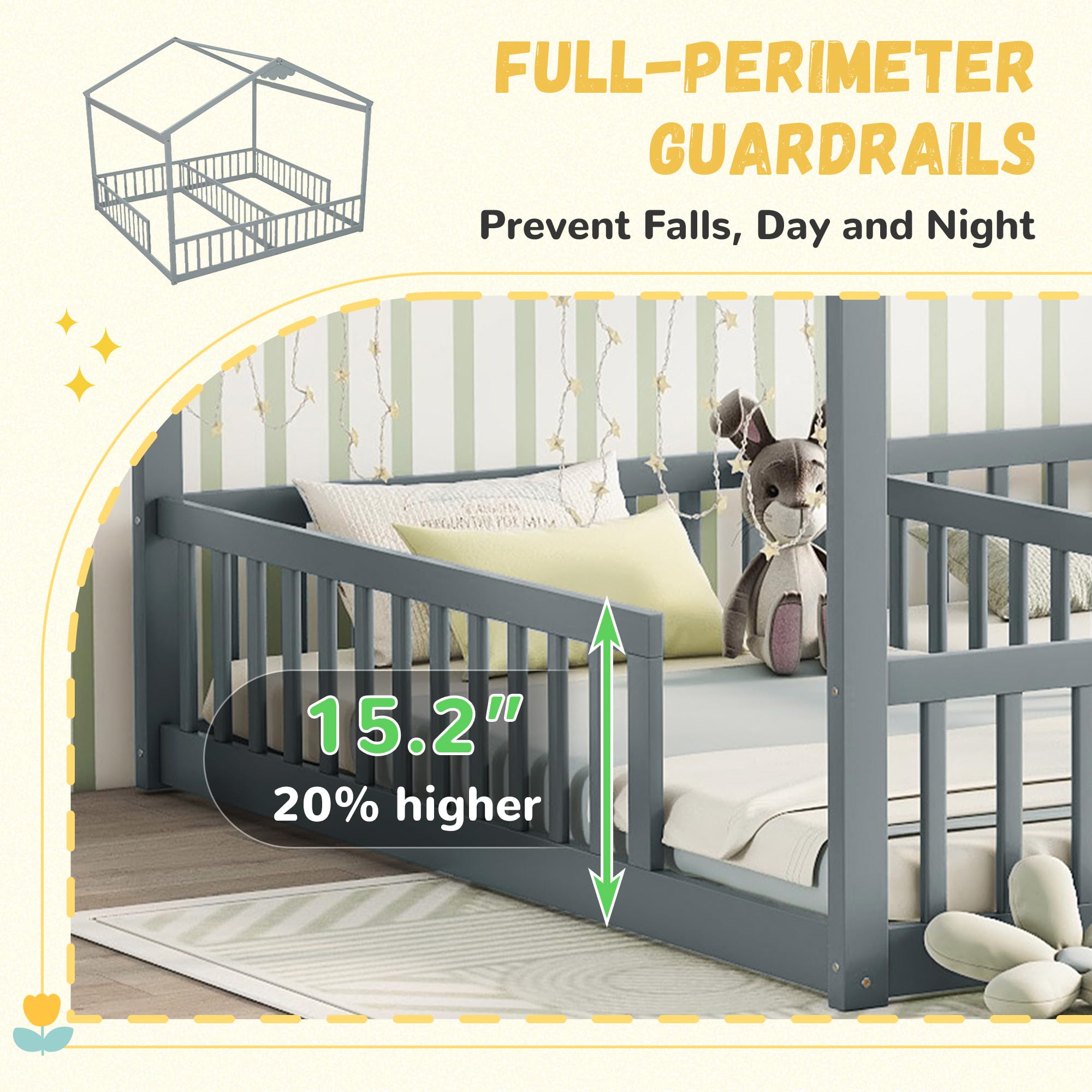 Double Twin Montessori Floor Bed Frame with House Design