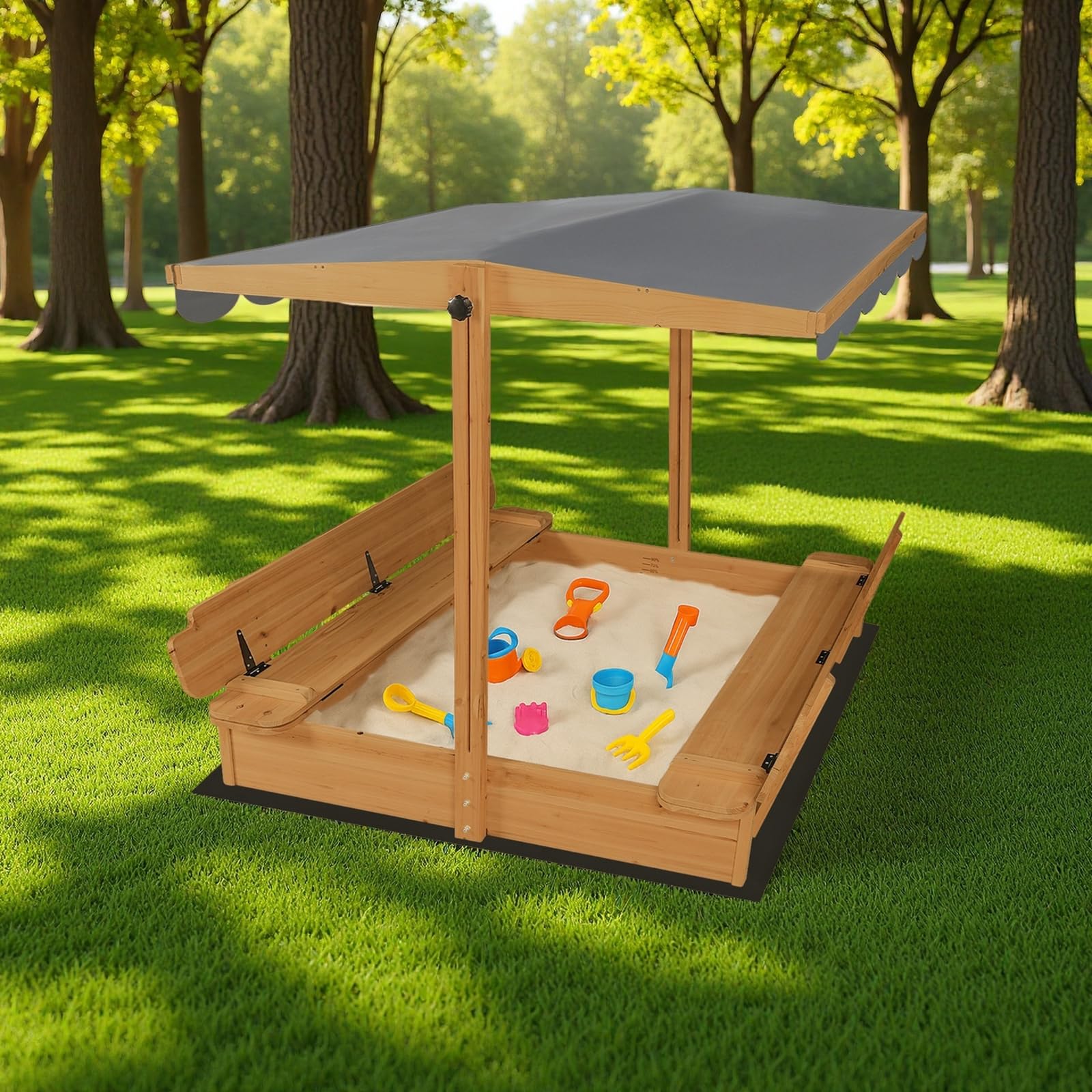 Wooden Sandbox with Canopy and Bench Seats
