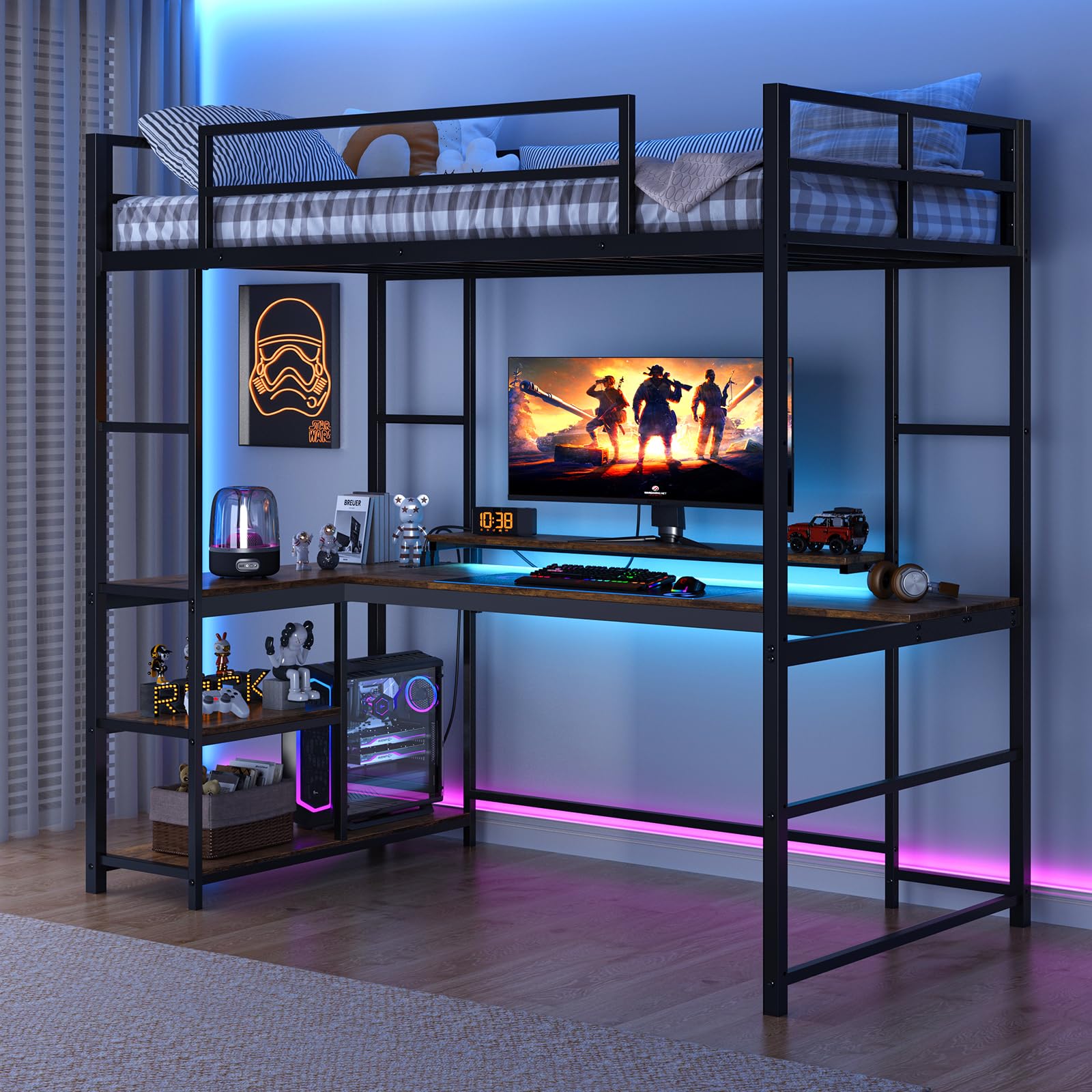 Twin Loft Bed with Large L Shape Desk and LED Lights