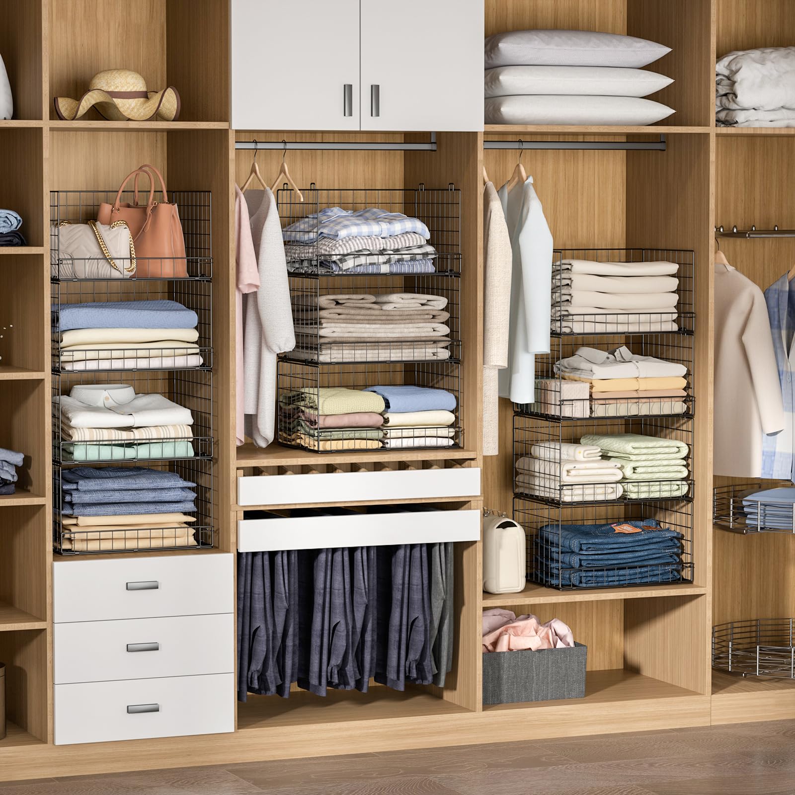 4-Tier Stackable Closet Organizers and Storage Shelves, Clothes Shelf Organizer Basket