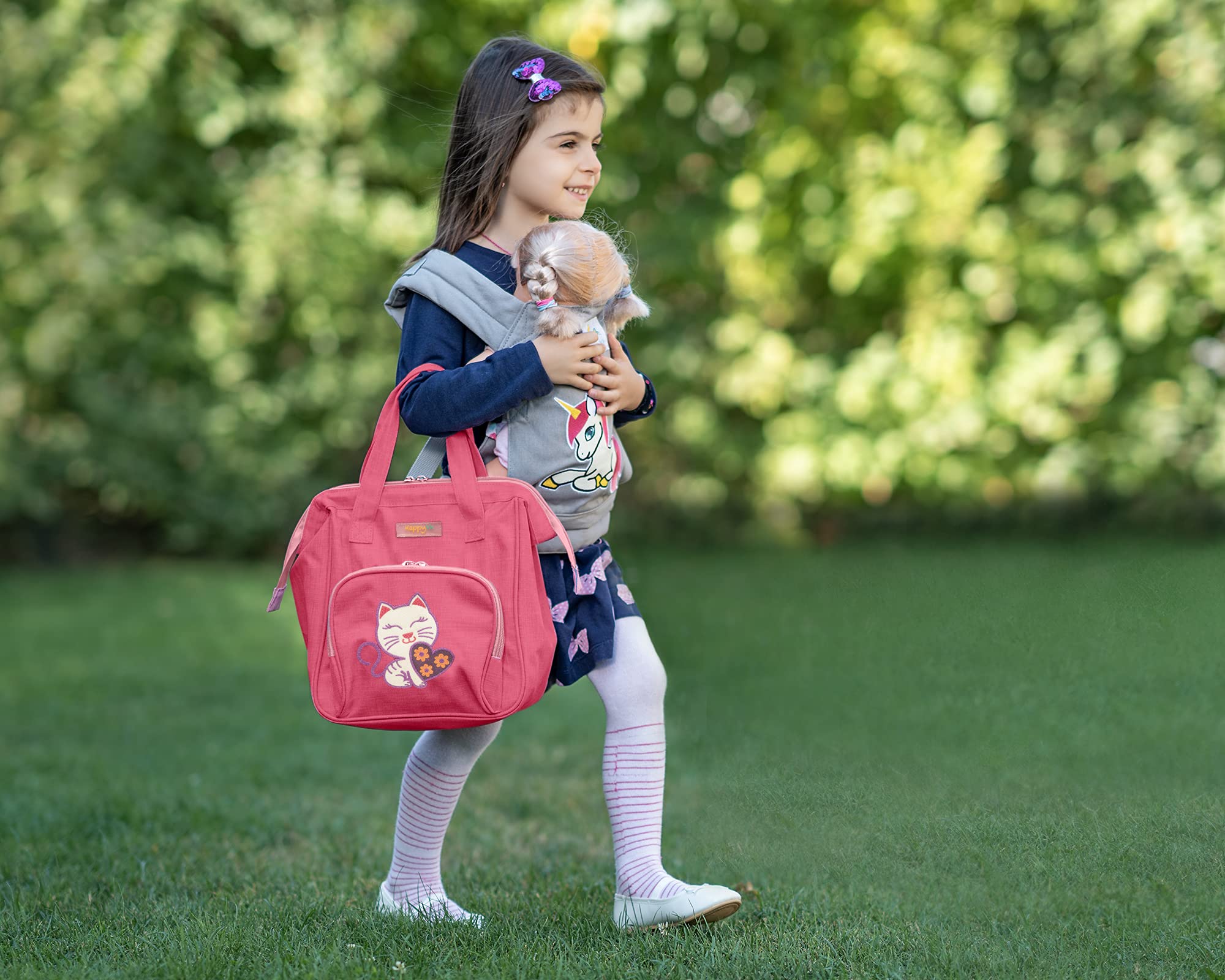 Baby Doll Diaper Bag with Doll Changing Pad- Handbag for Girls- Cat Luminous Embroidery