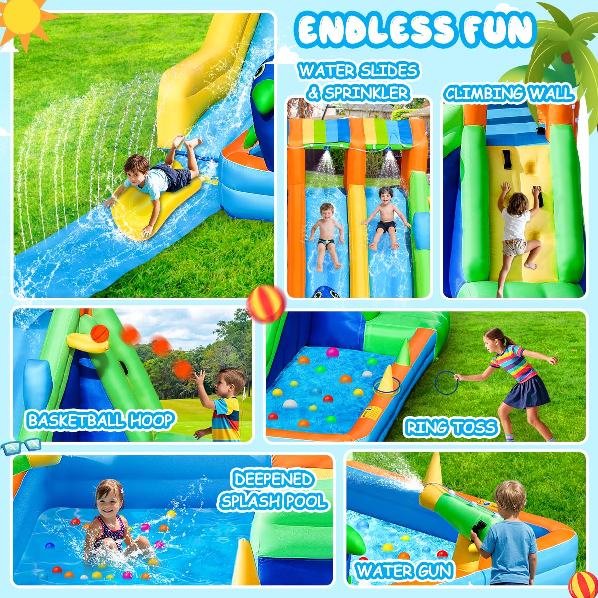 Inflatable Water Bounce House with Triple Slide and Splash Pool