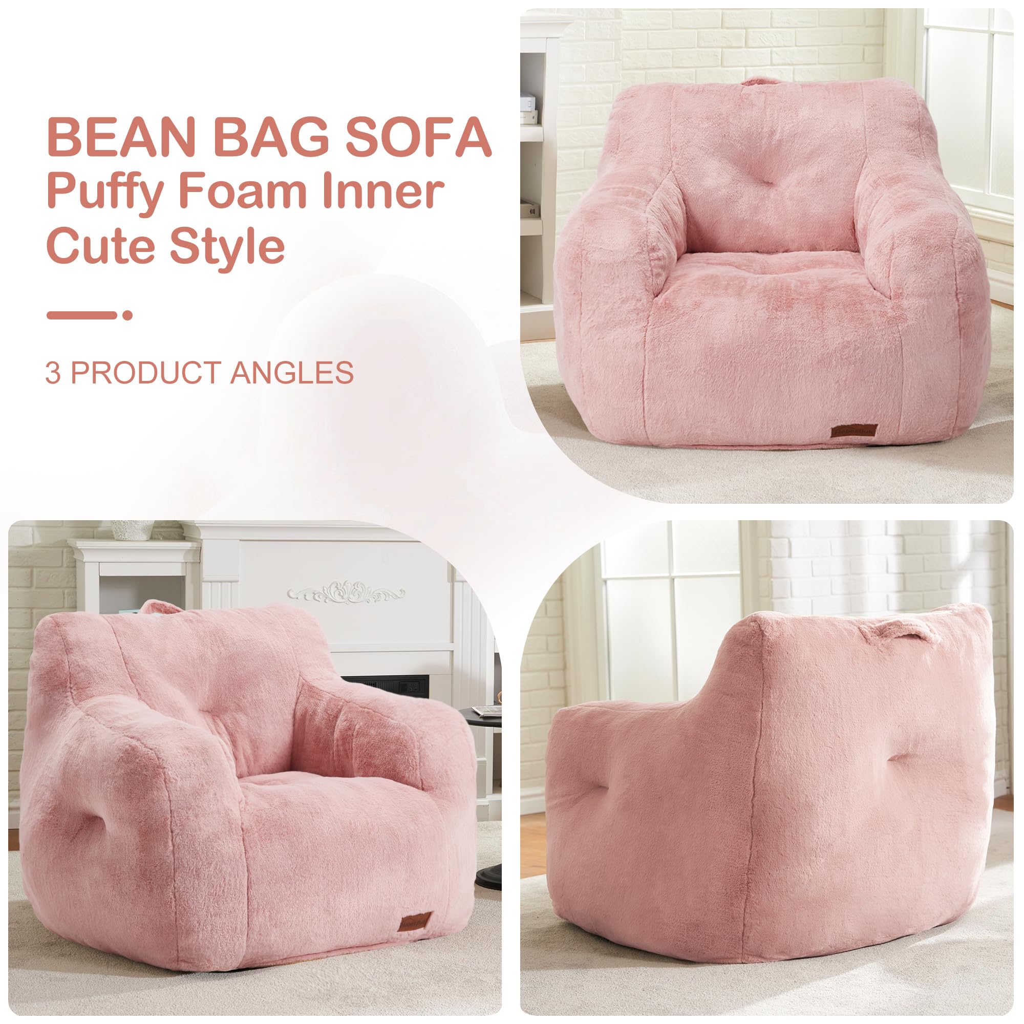 Small Pink Furry Bean Bag Chair with Arms